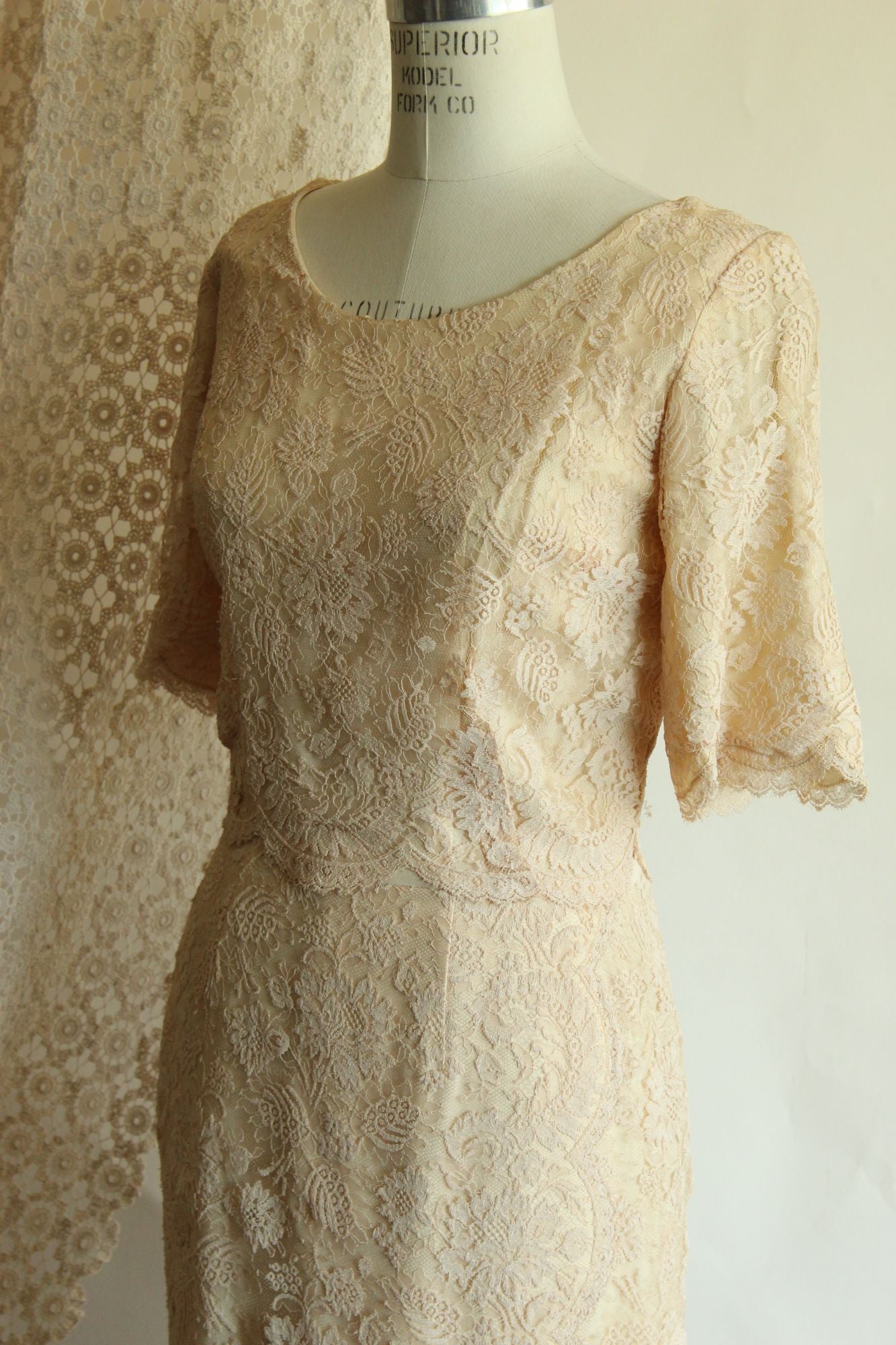Vintage 1960s Blush Illusion Lace Dress