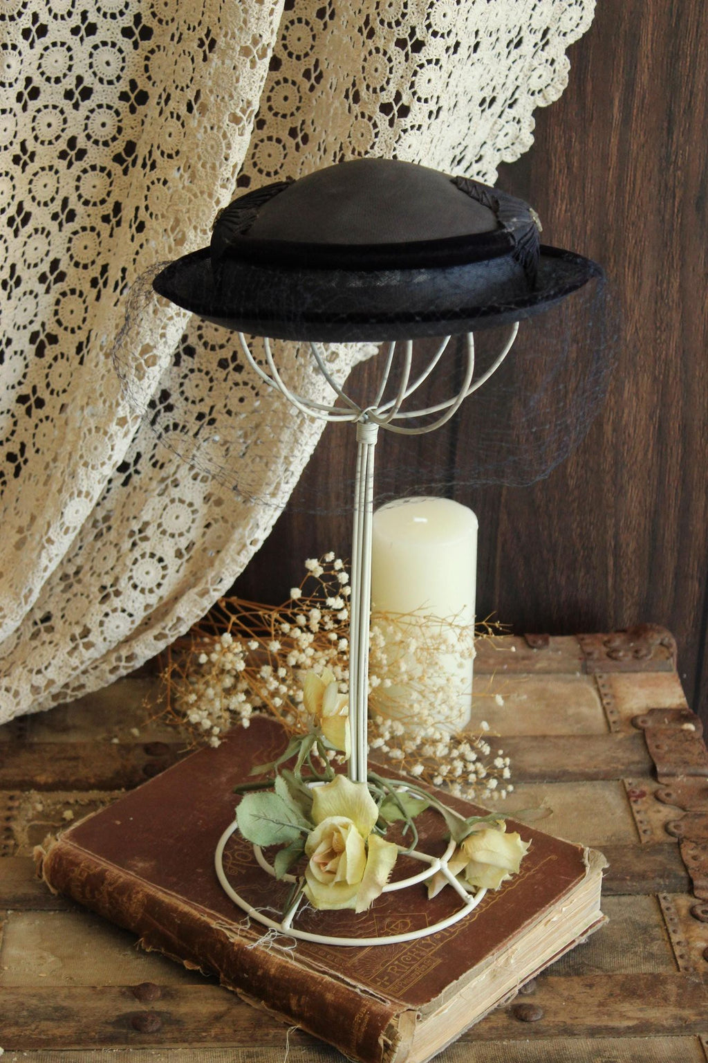 Vintage 1950 Navy Blue Woven Straw Tilt Hat with Veil