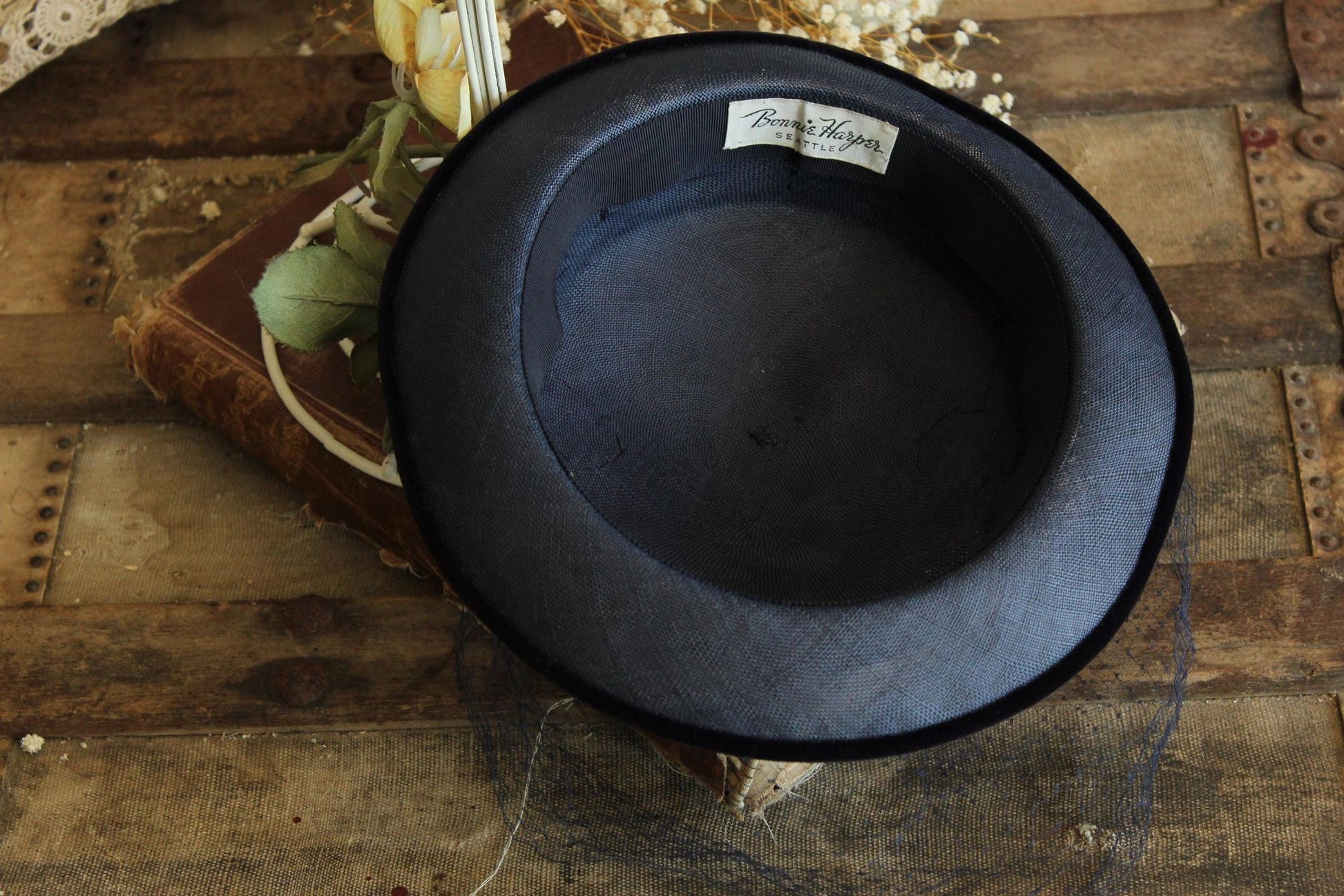 Vintage 1950 Navy Blue Woven Straw Tilt Hat with Veil