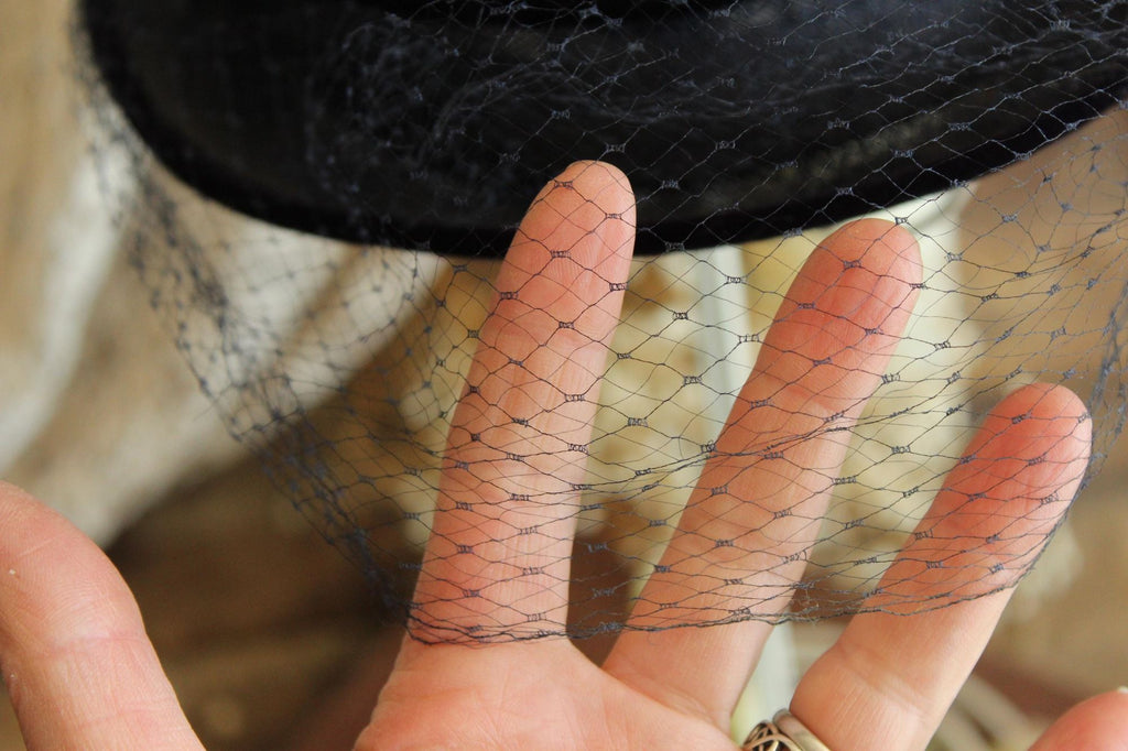 Vintage 1950 Navy Blue Woven Straw Tilt Hat with Veil