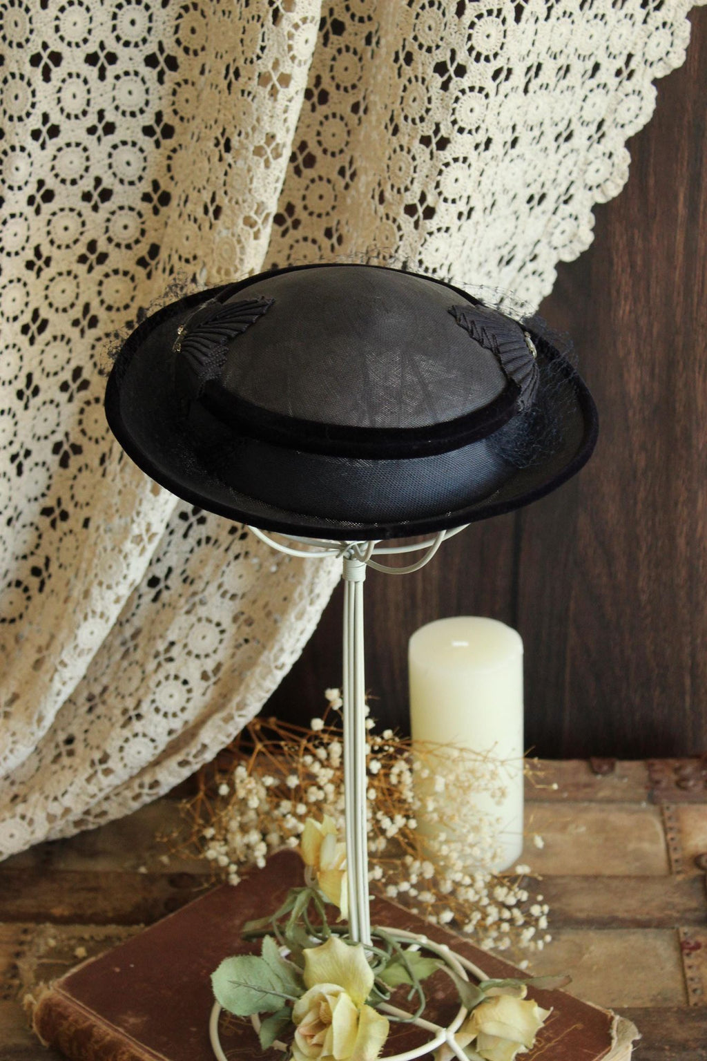 Vintage 1950 Navy Blue Woven Straw Tilt Hat with Veil