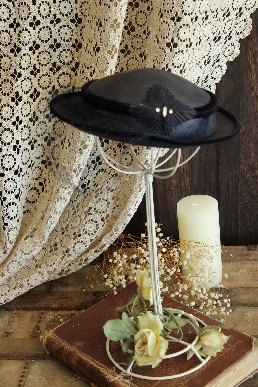 Vintage 1950 Navy Blue Woven Straw Tilt Hat with Veil