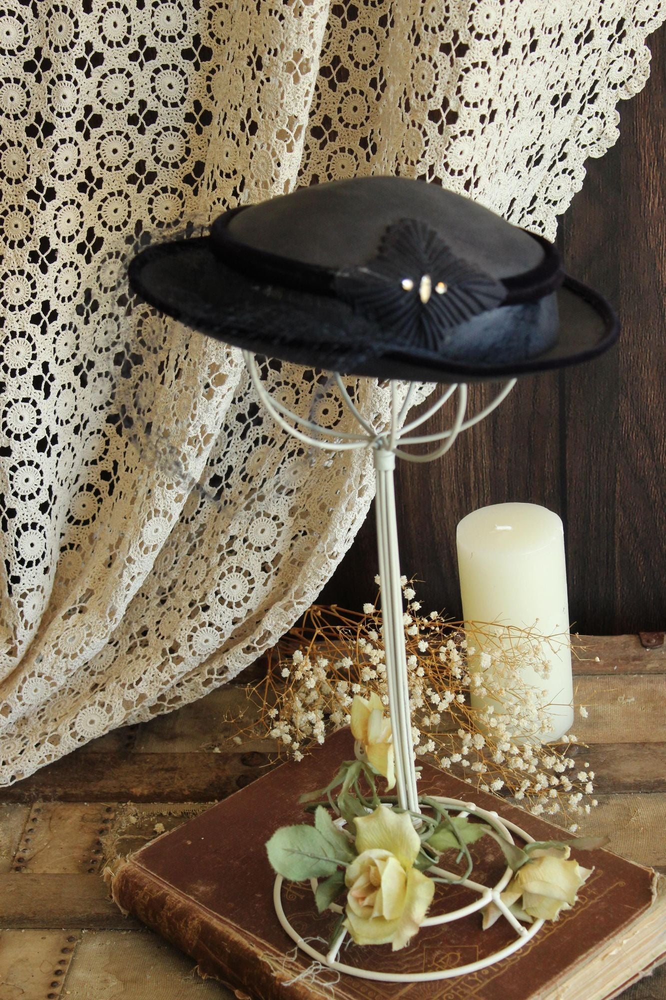 Vintage 1950 Navy Blue Woven Straw Tilt Hat with Veil