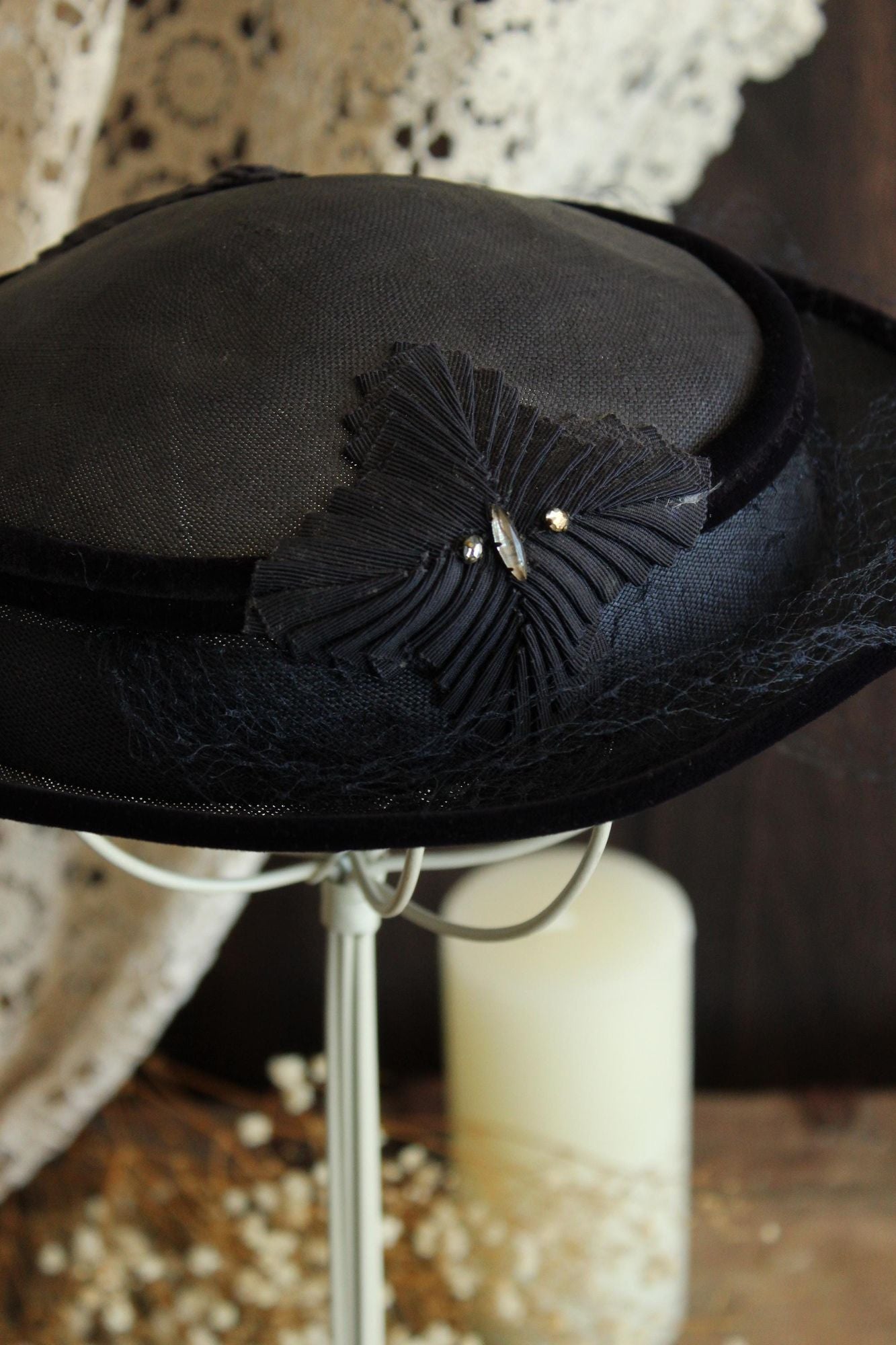Vintage 1950 Navy Blue Woven Straw Tilt Hat with Veil