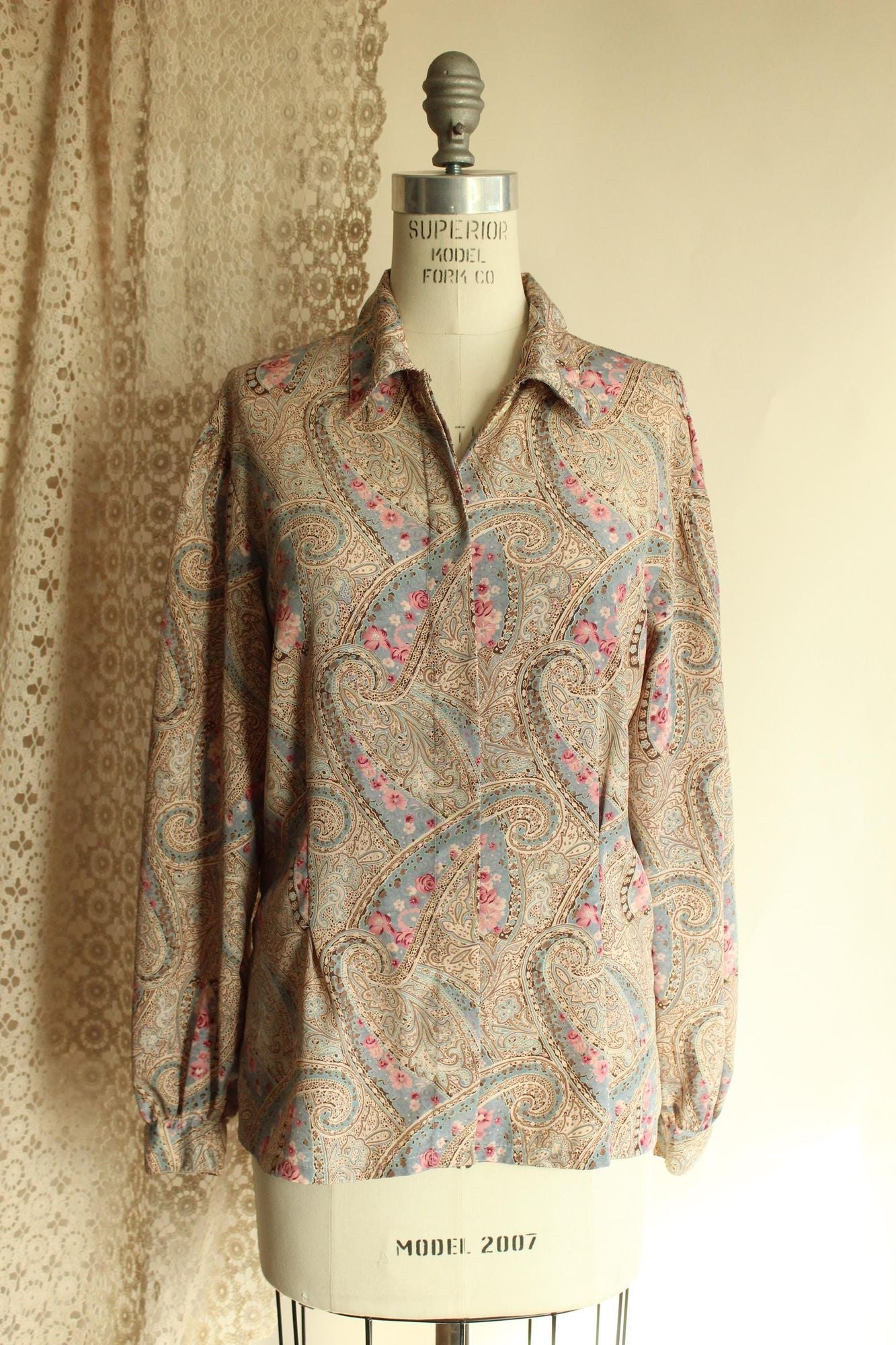 Vintage 1990s Koret Blue And Pink Paisley Blouse