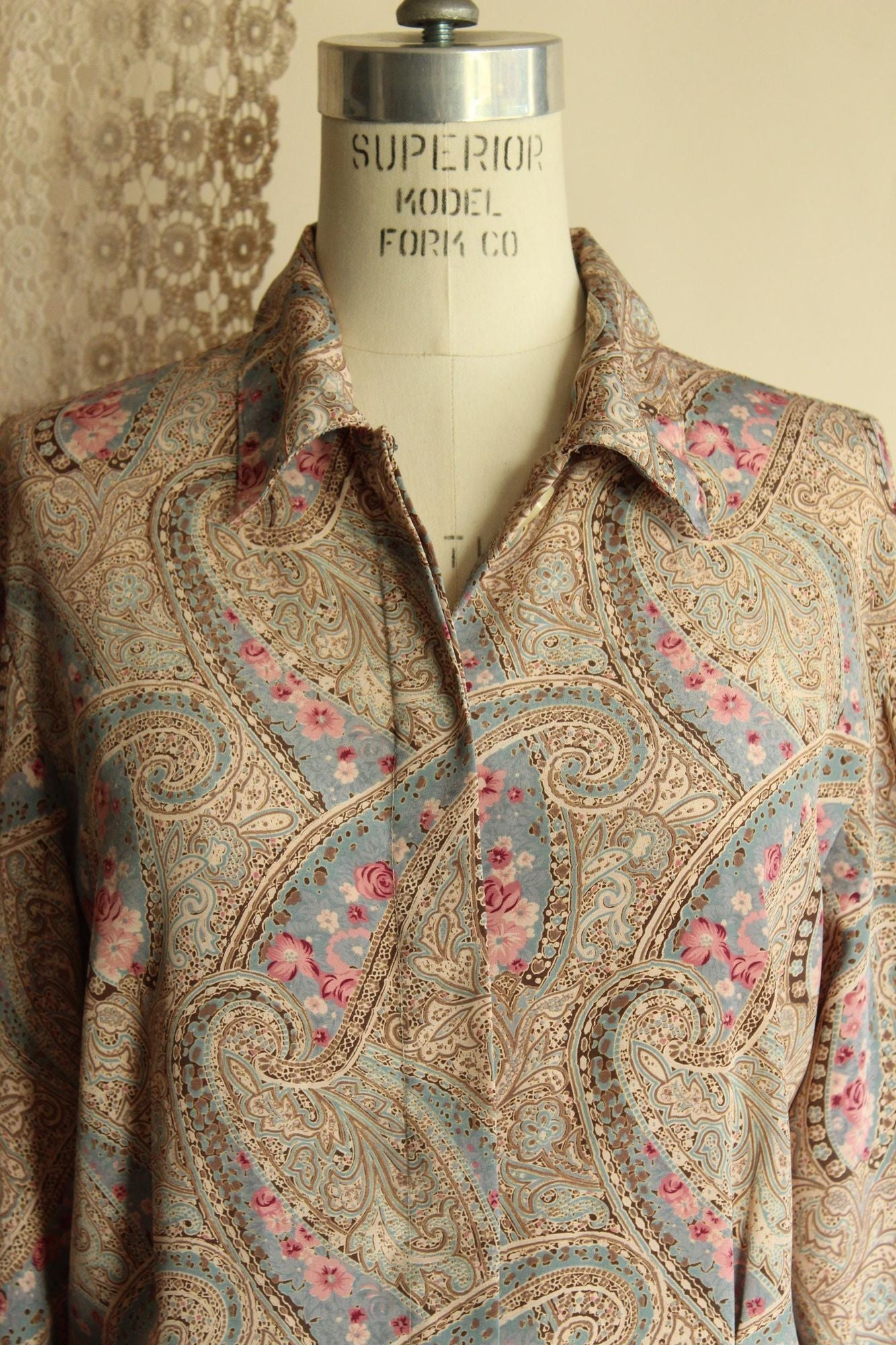 Vintage 1990s Koret Blue And Pink Paisley Blouse