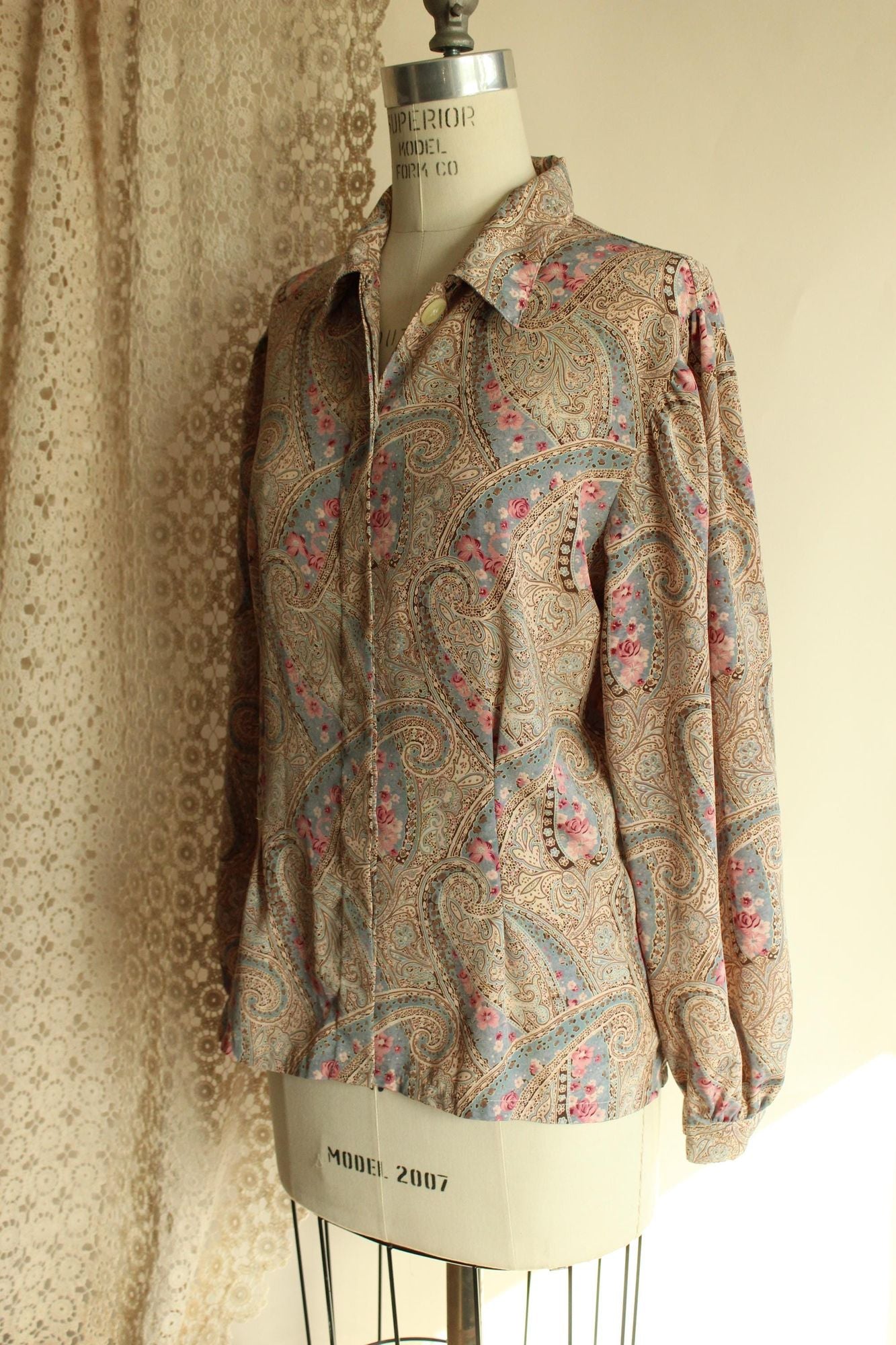 Vintage 1990s Koret Blue And Pink Paisley Blouse