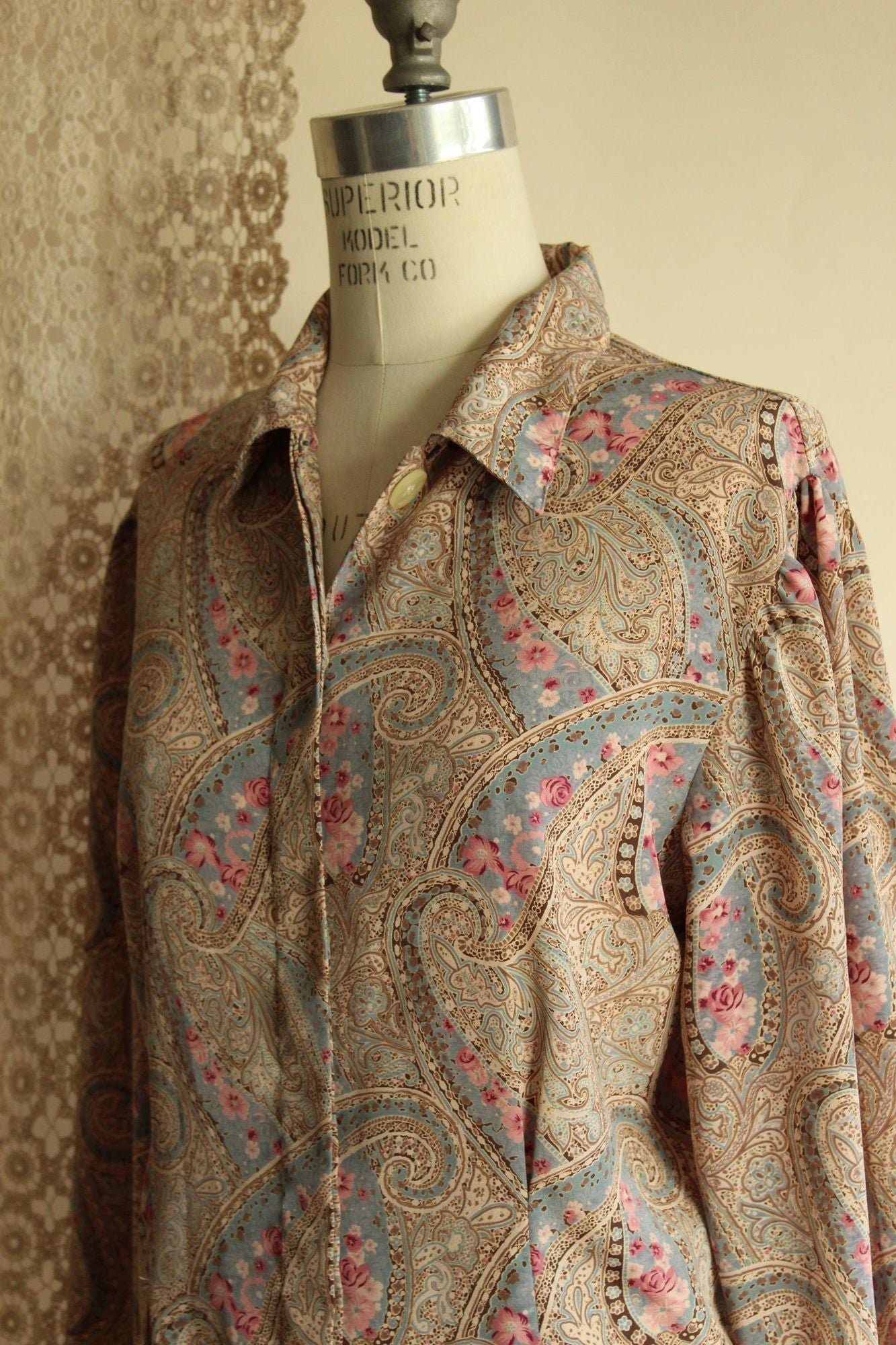 Vintage 1990s Koret Blue And Pink Paisley Blouse