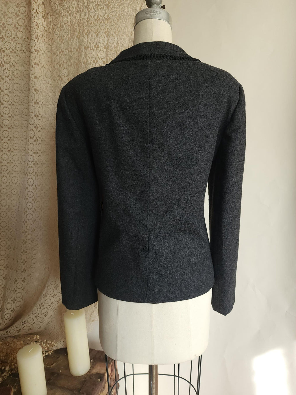 Vintage 1980s Russ Gray Wool Jacket with Shoulder Pads and Braided Trim