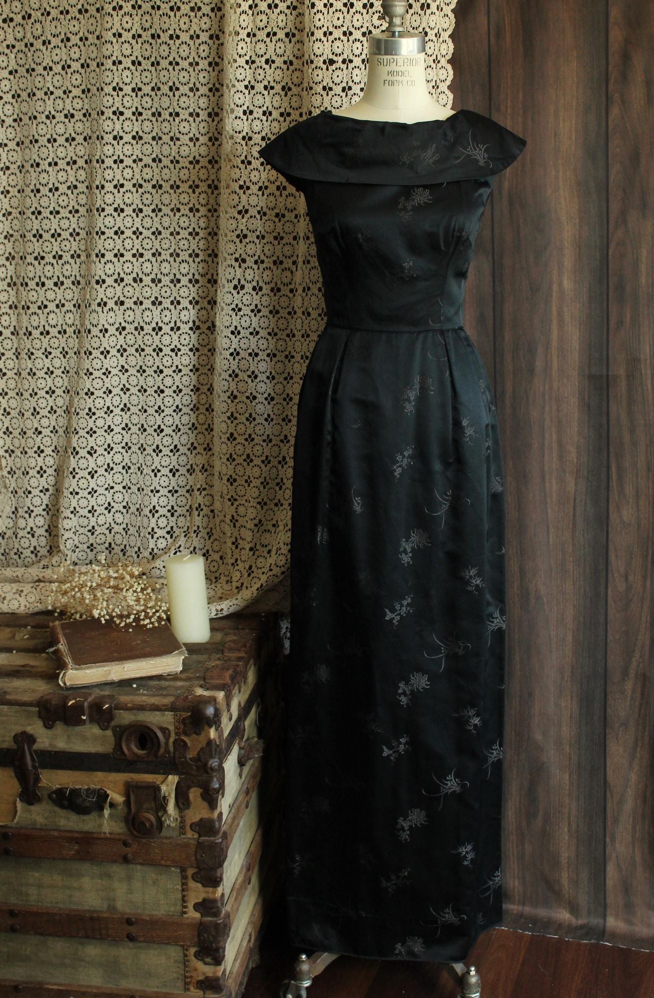 Vintage 1960s Black Satin Brocade Gown
