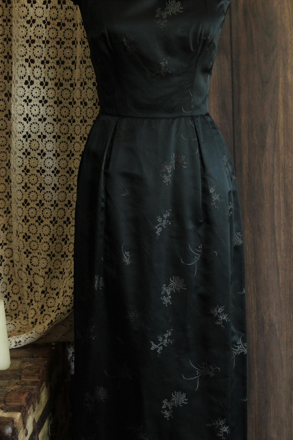 Vintage 1960s Black Satin Brocade Gown