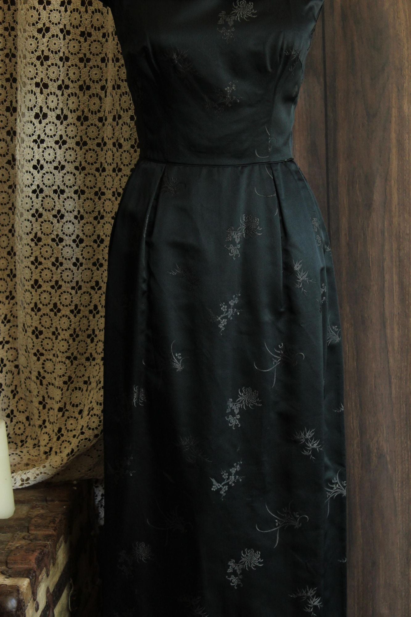 Vintage 1960s Black Satin Brocade Gown