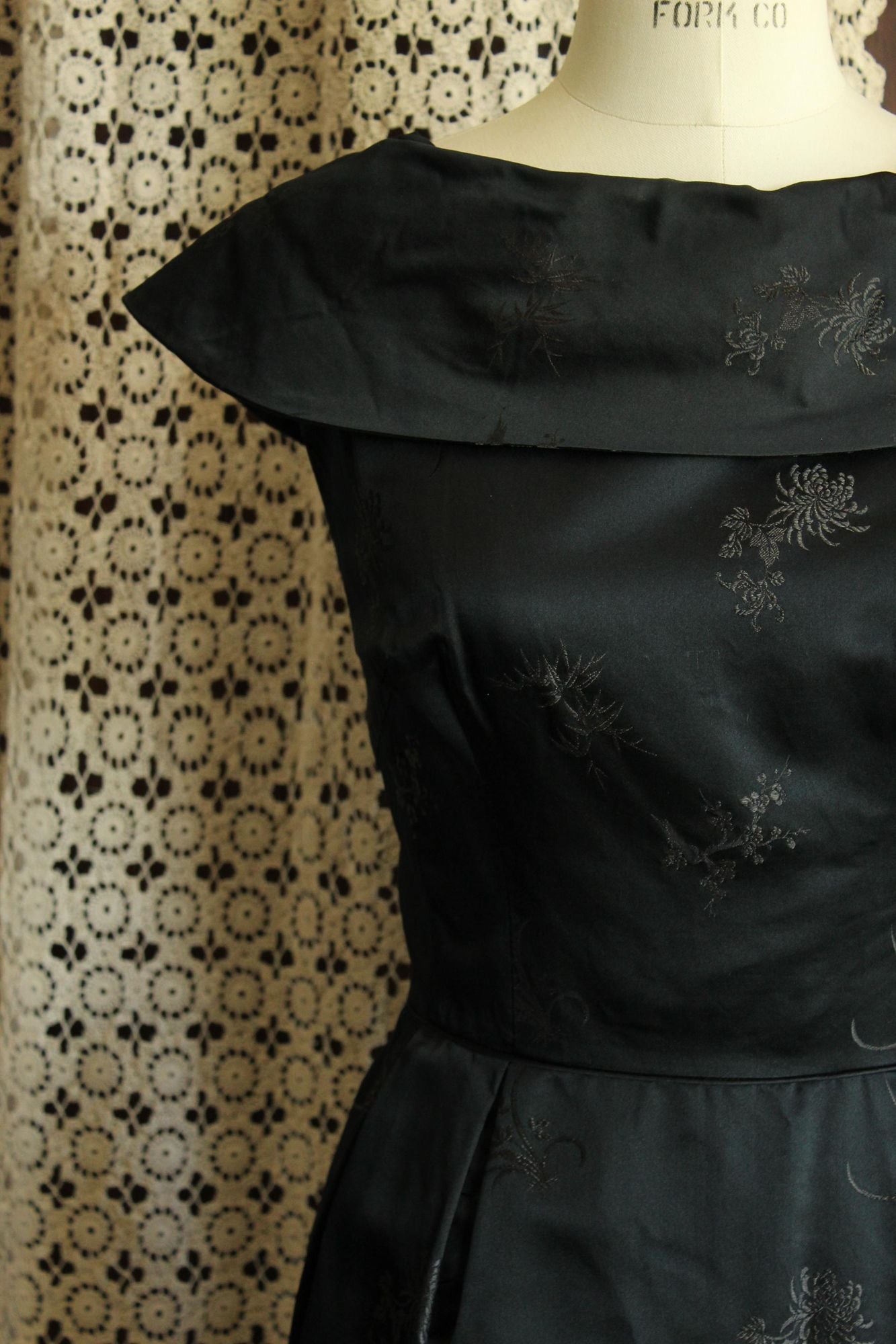 Vintage 1960s Black Satin Brocade Gown