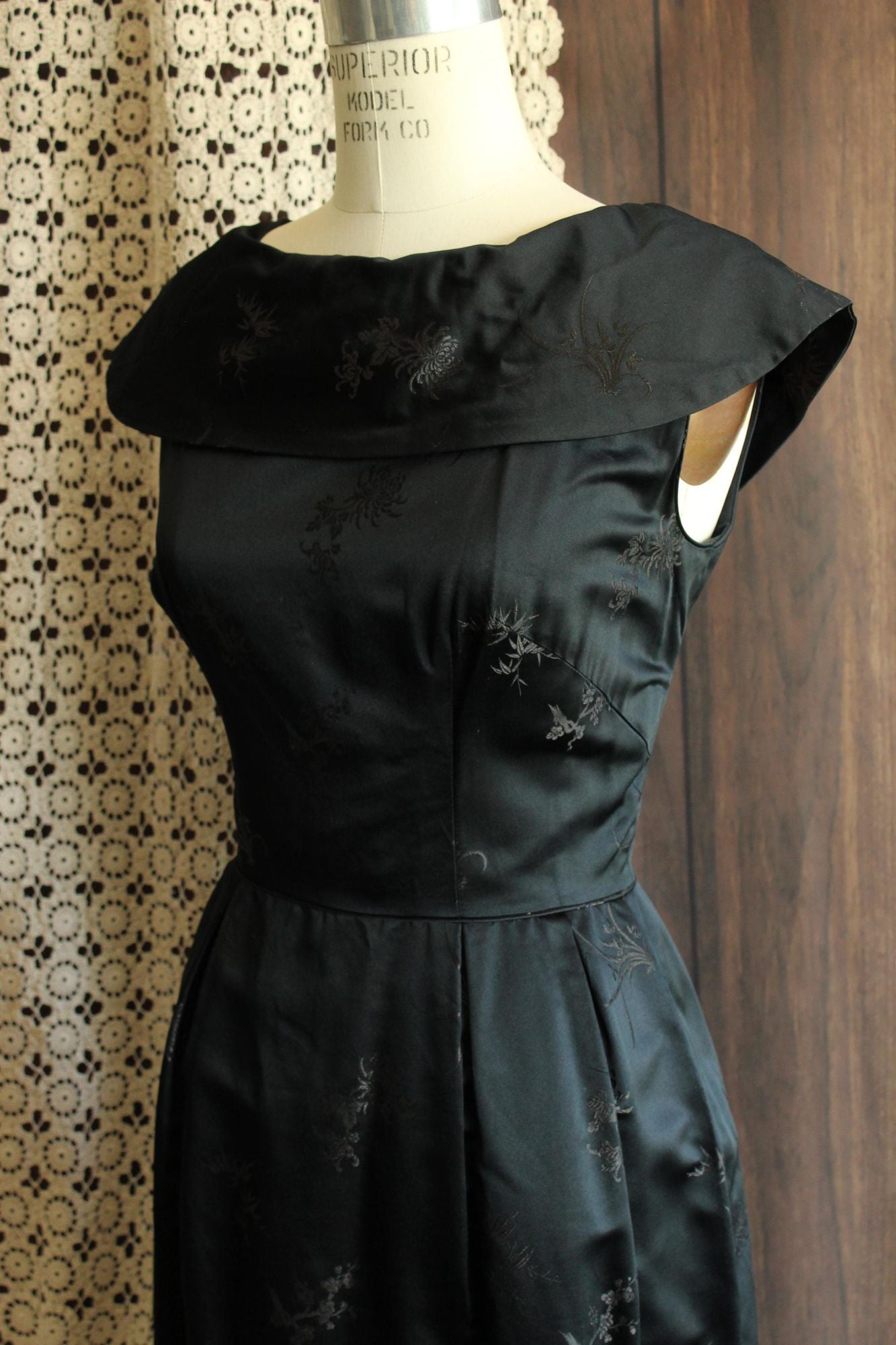 Vintage 1960s Black Satin Brocade Gown