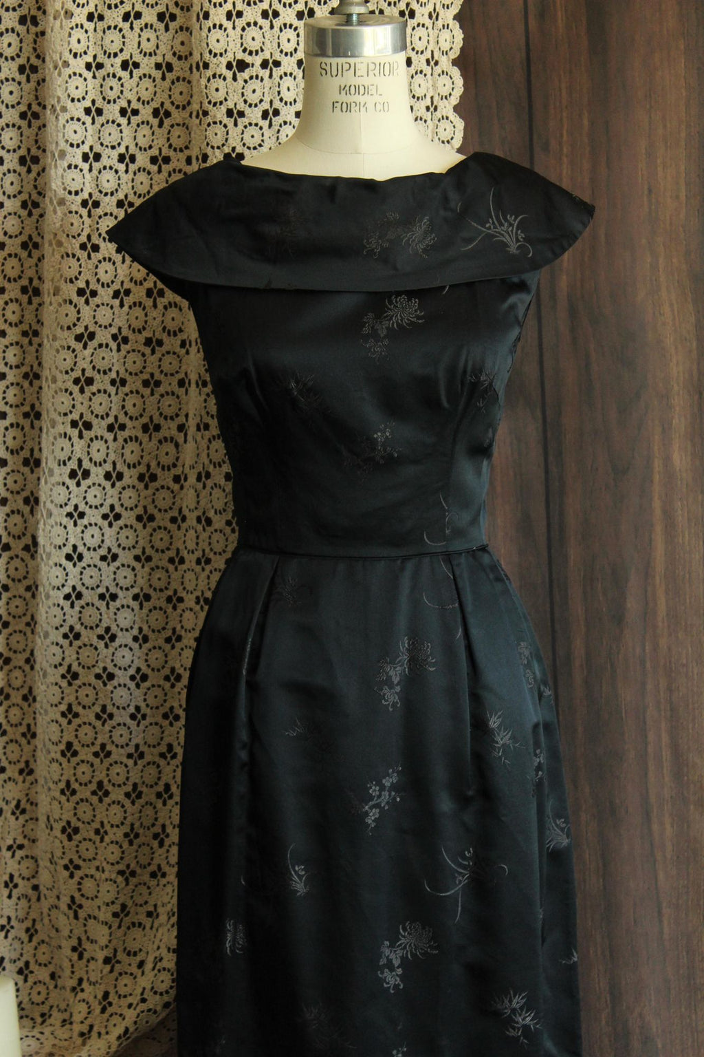 Vintage 1960s Black Satin Brocade Gown