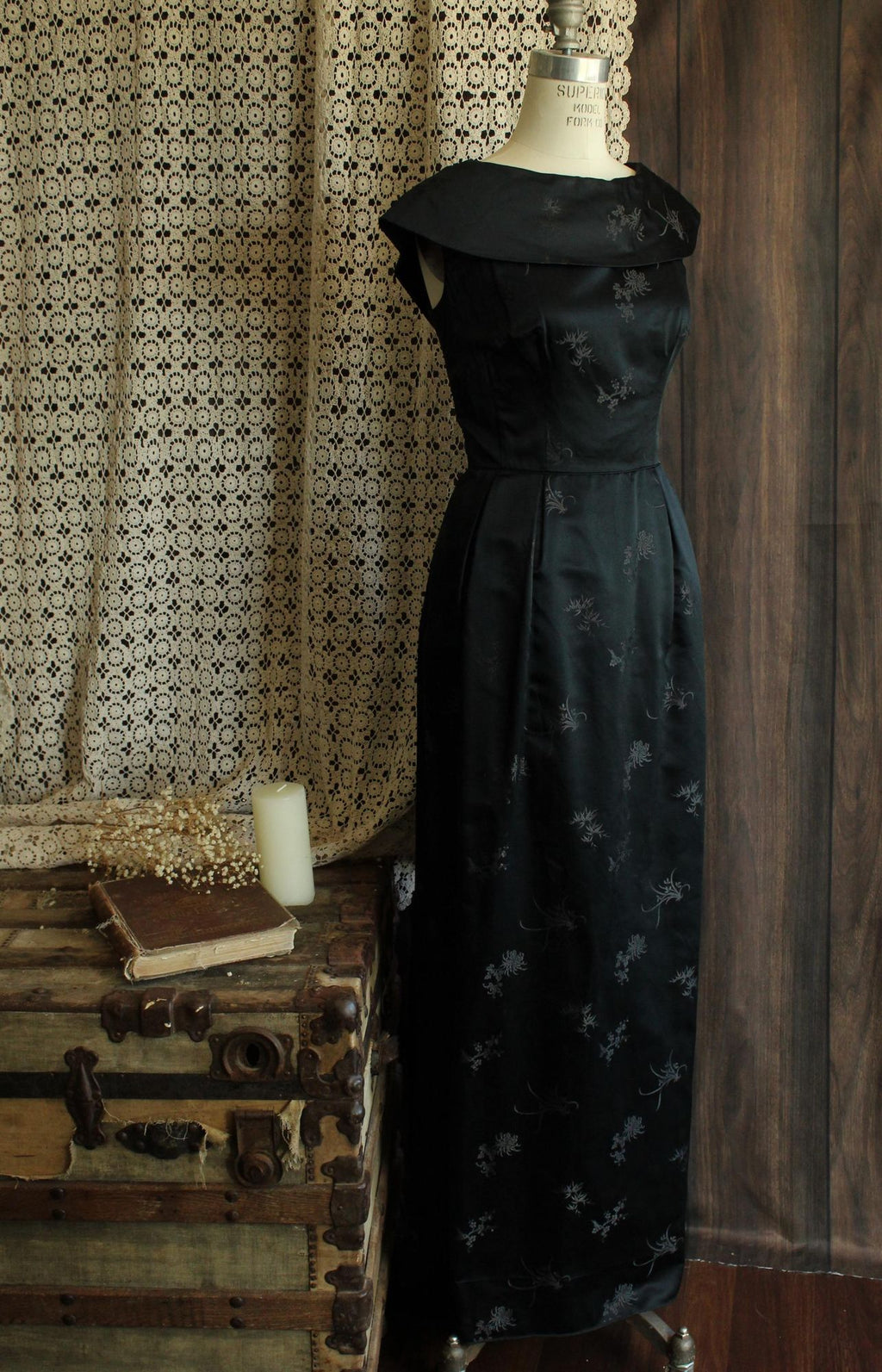 Vintage 1960s Black Satin Brocade Gown
