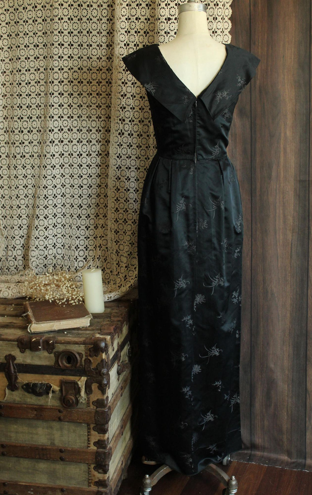 Vintage 1960s Black Satin Brocade Gown