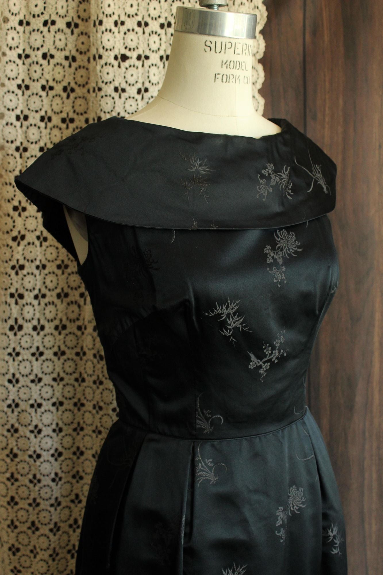 Vintage 1960s Black Satin Brocade Gown
