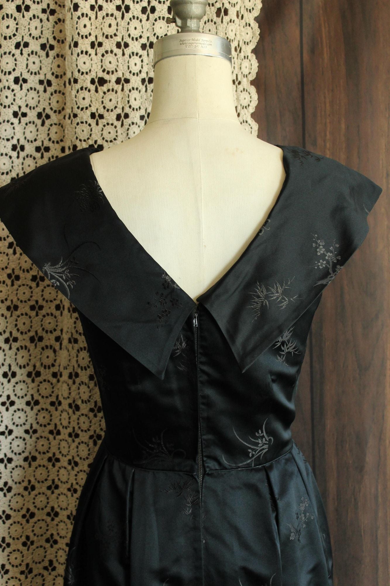 Vintage 1960s Black Satin Brocade Gown