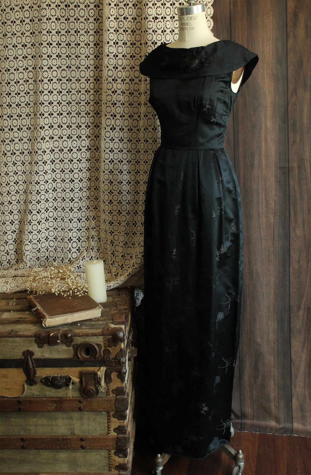 Vintage 1960s Black Satin Brocade Gown