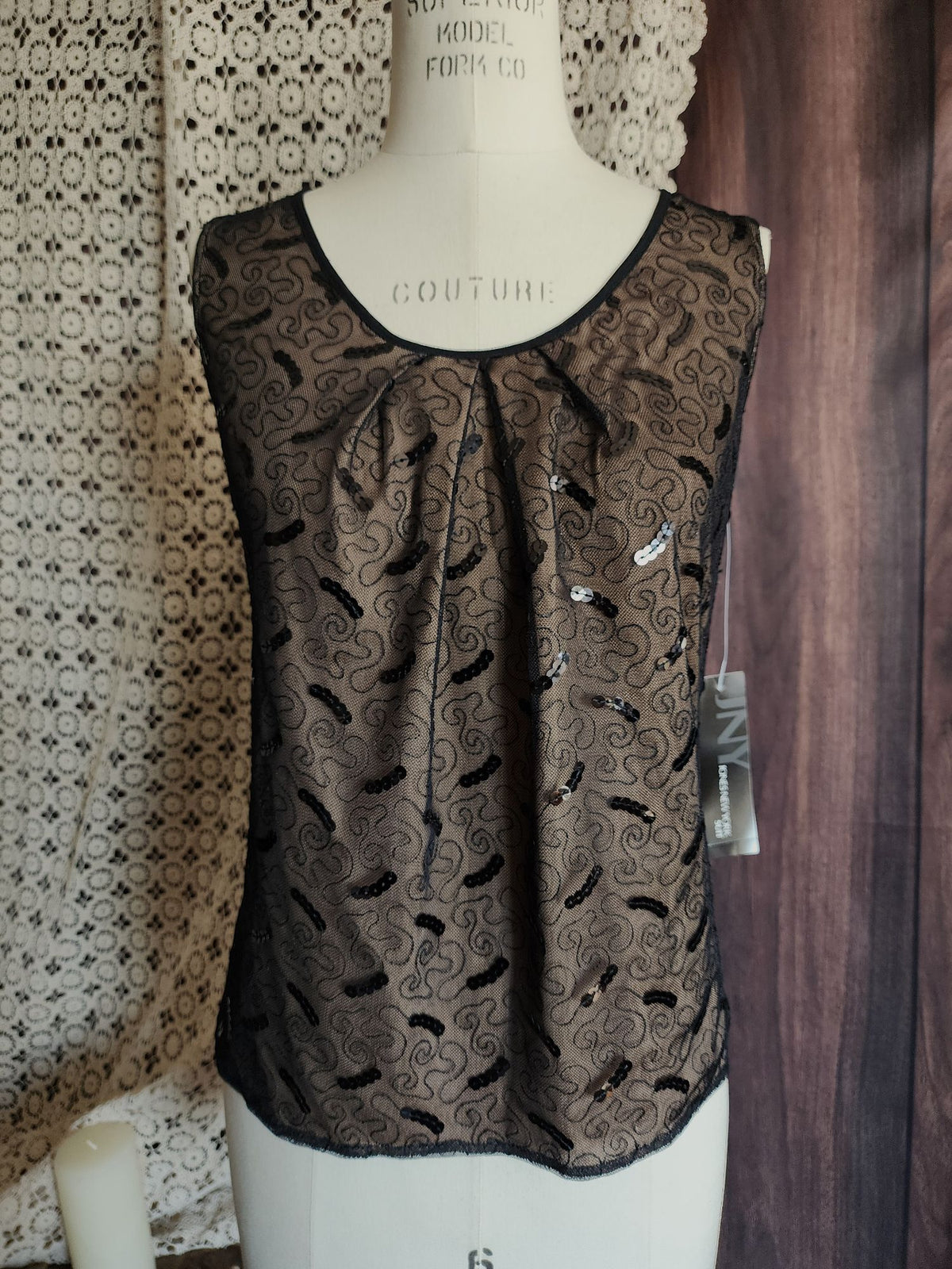 Jones New York Womens Top, New with Tags Black over Beige, Size 4, Sequins