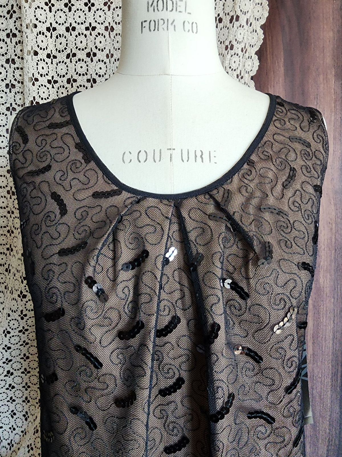 Jones New York Womens Top, New with Tags Black over Beige, Size 4, Sequins