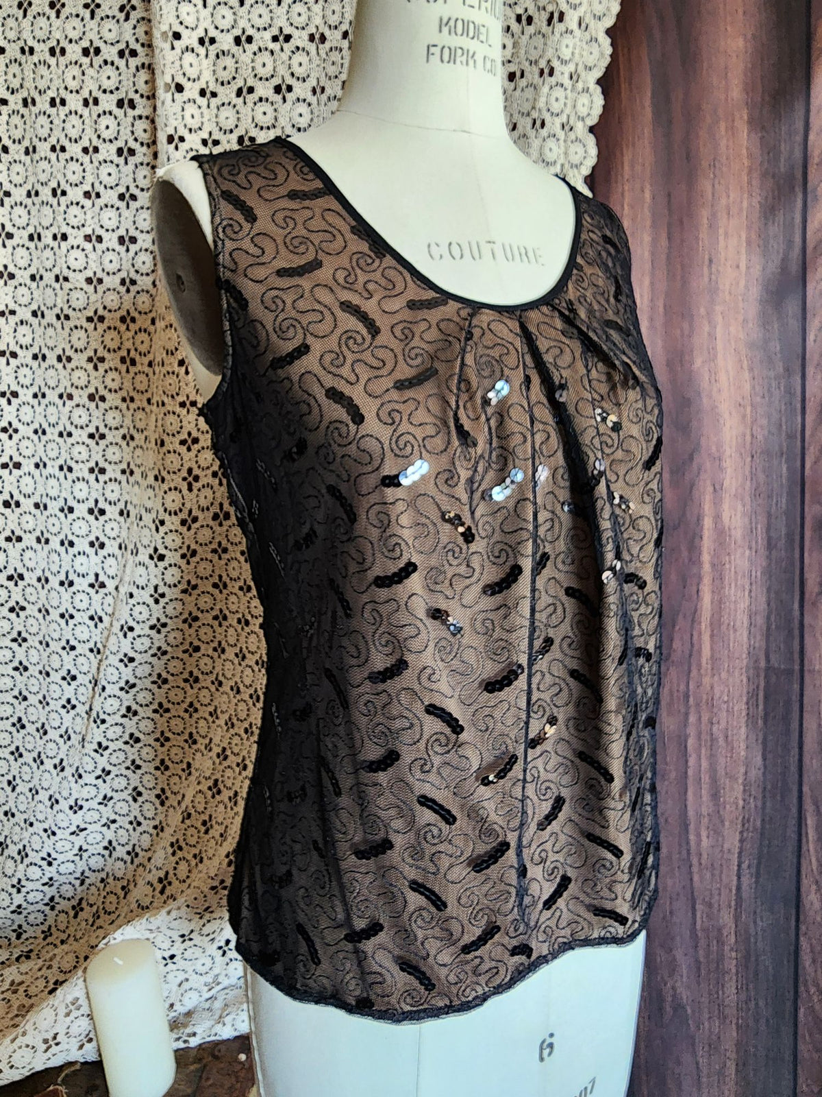 Jones New York Womens Top, New with Tags Black over Beige, Size 4, Sequins