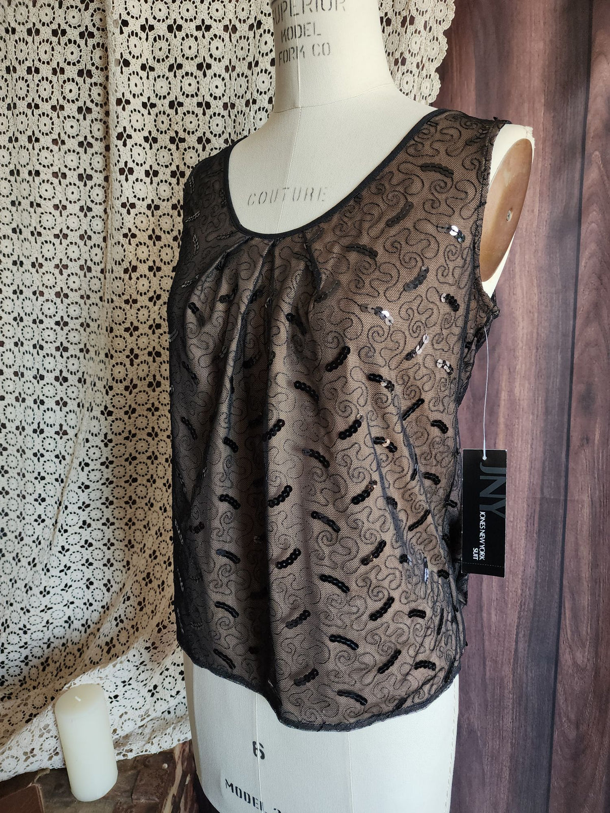Jones New York Womens Top, New with Tags Black over Beige, Size 4, Sequins