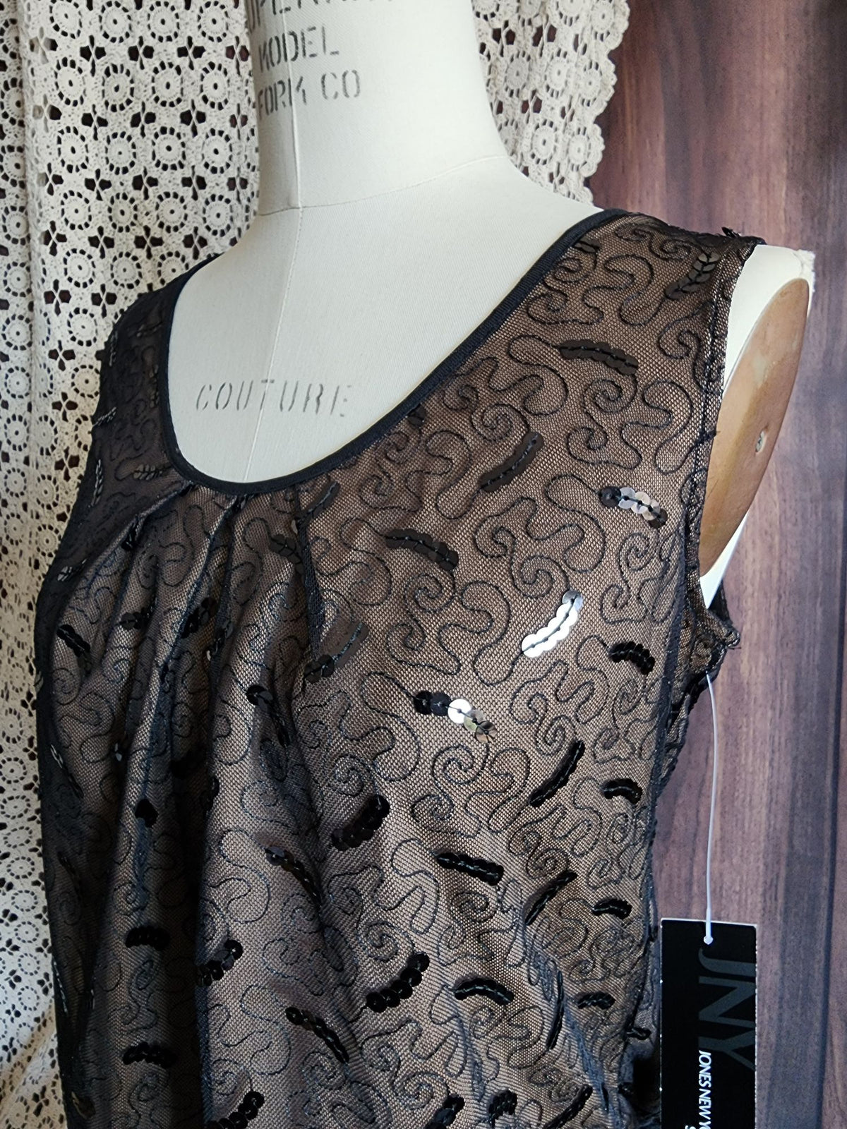 Jones New York Womens Top, New with Tags Black over Beige, Size 4, Sequins