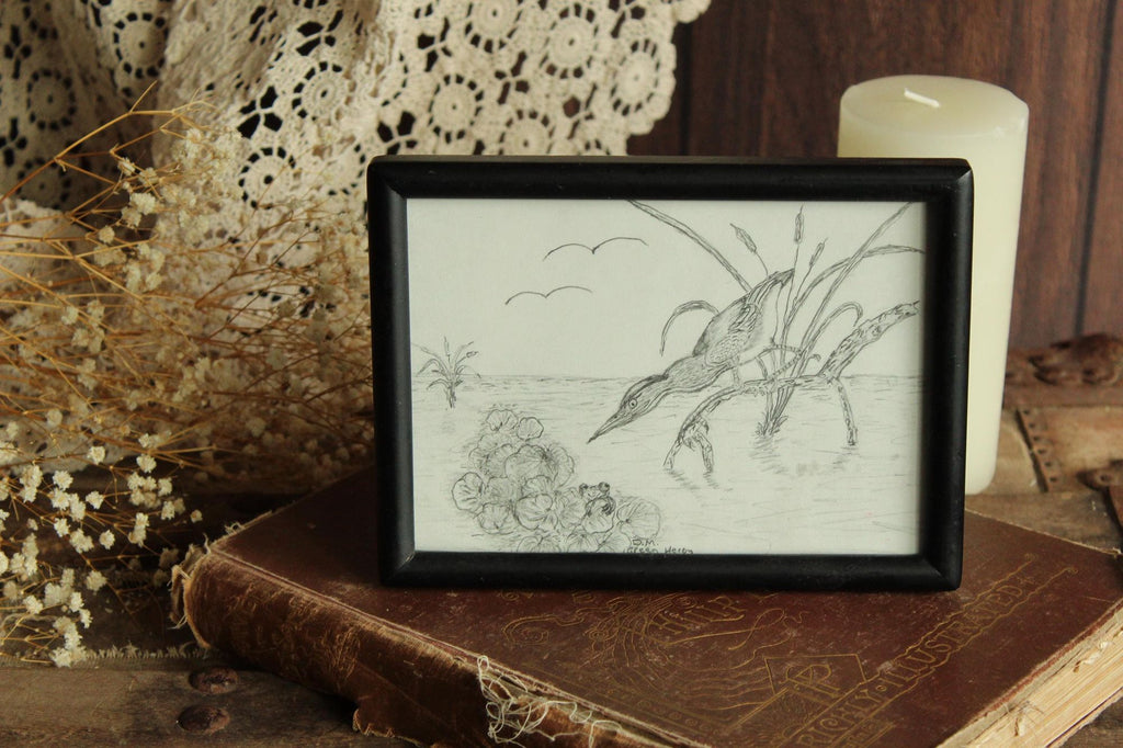 Vintage 1990s 2000s Framed Pencil Sketch of Heron and Frog in a Black Frame