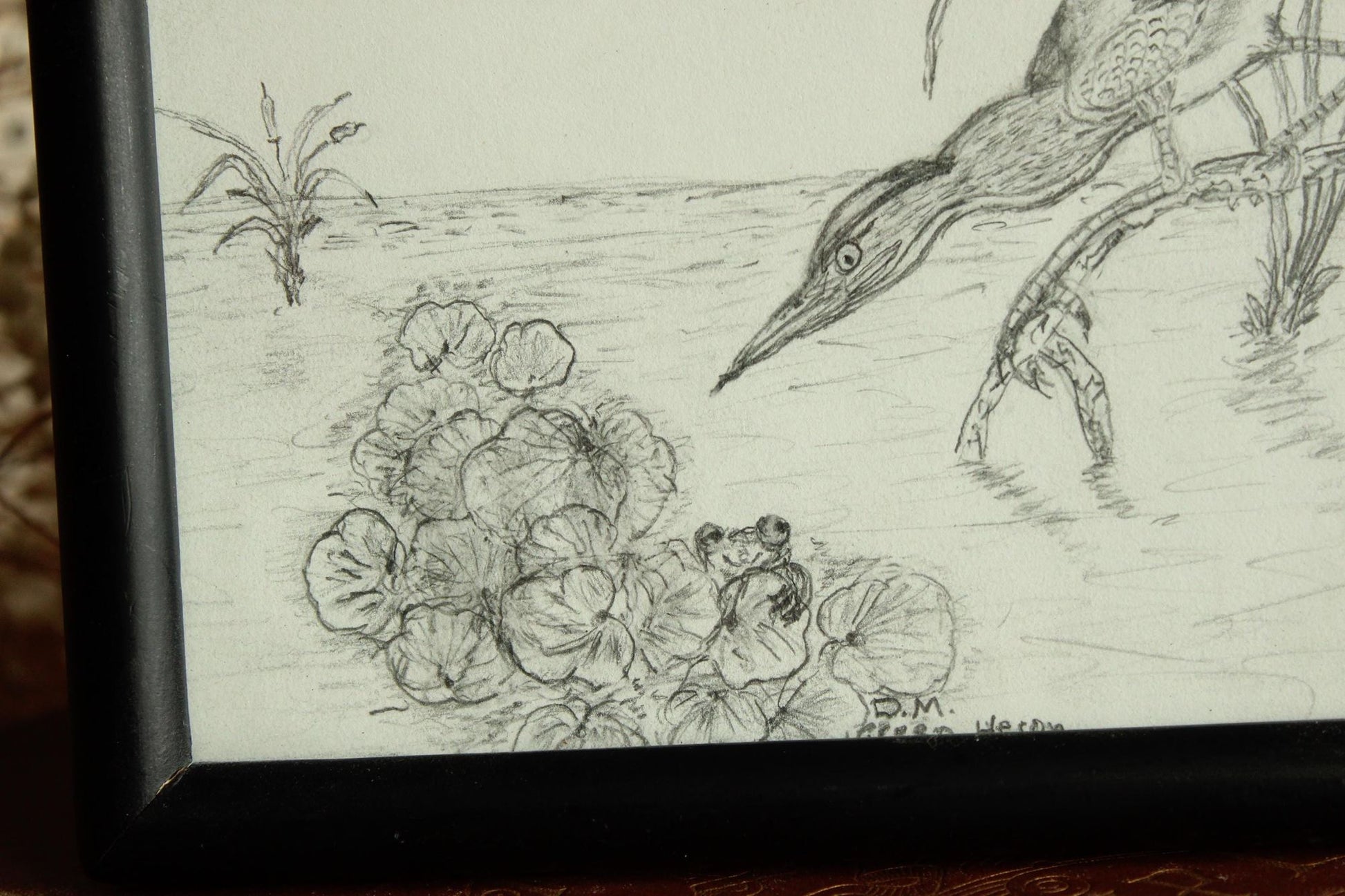 Vintage 1990s 2000s Framed Pencil Sketch of Heron and Frog in a Black Frame