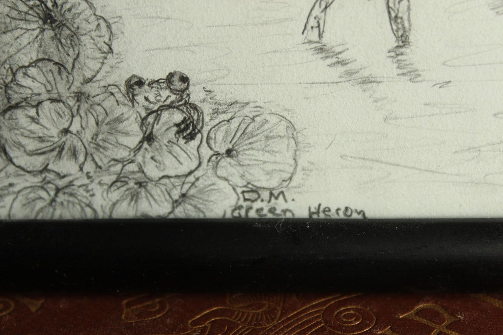 Vintage 1990s 2000s Framed Pencil Sketch of Heron and Frog in a Black Frame