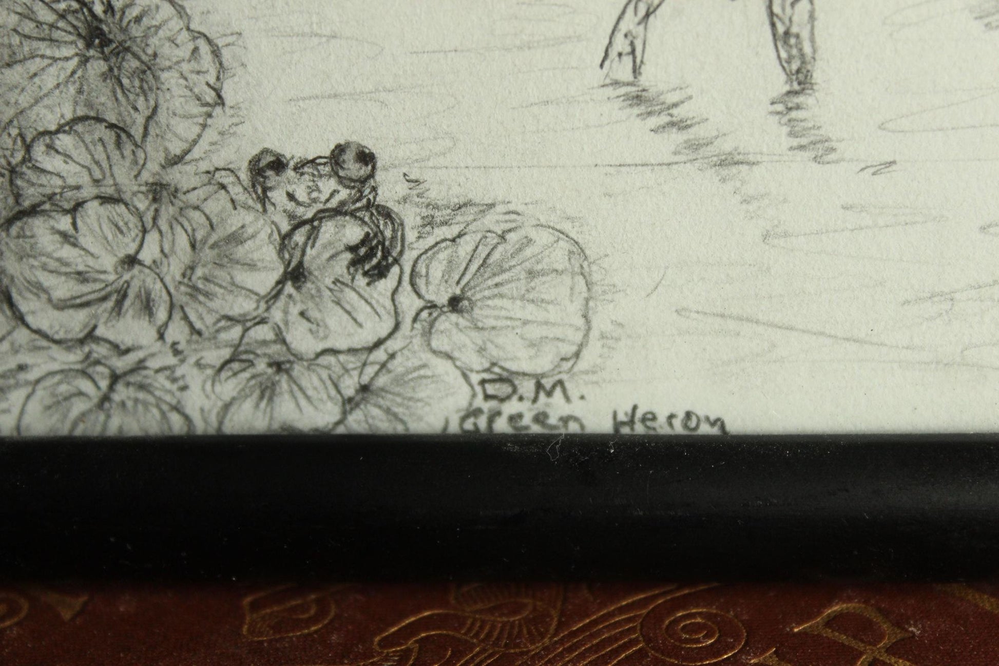 Vintage 1990s 2000s Framed Pencil Sketch of Heron and Frog in a Black Frame