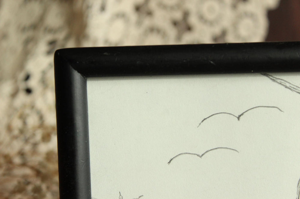 Vintage 1990s 2000s Framed Pencil Sketch of Heron and Frog in a Black Frame
