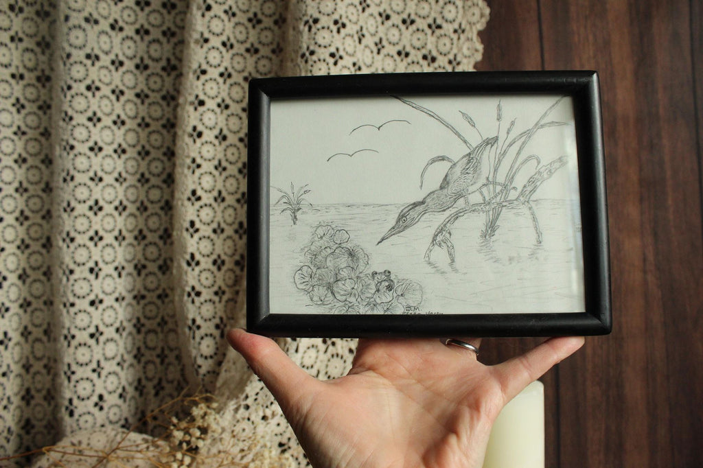 Vintage 1990s 2000s Framed Pencil Sketch of Heron and Frog in a Black Frame
