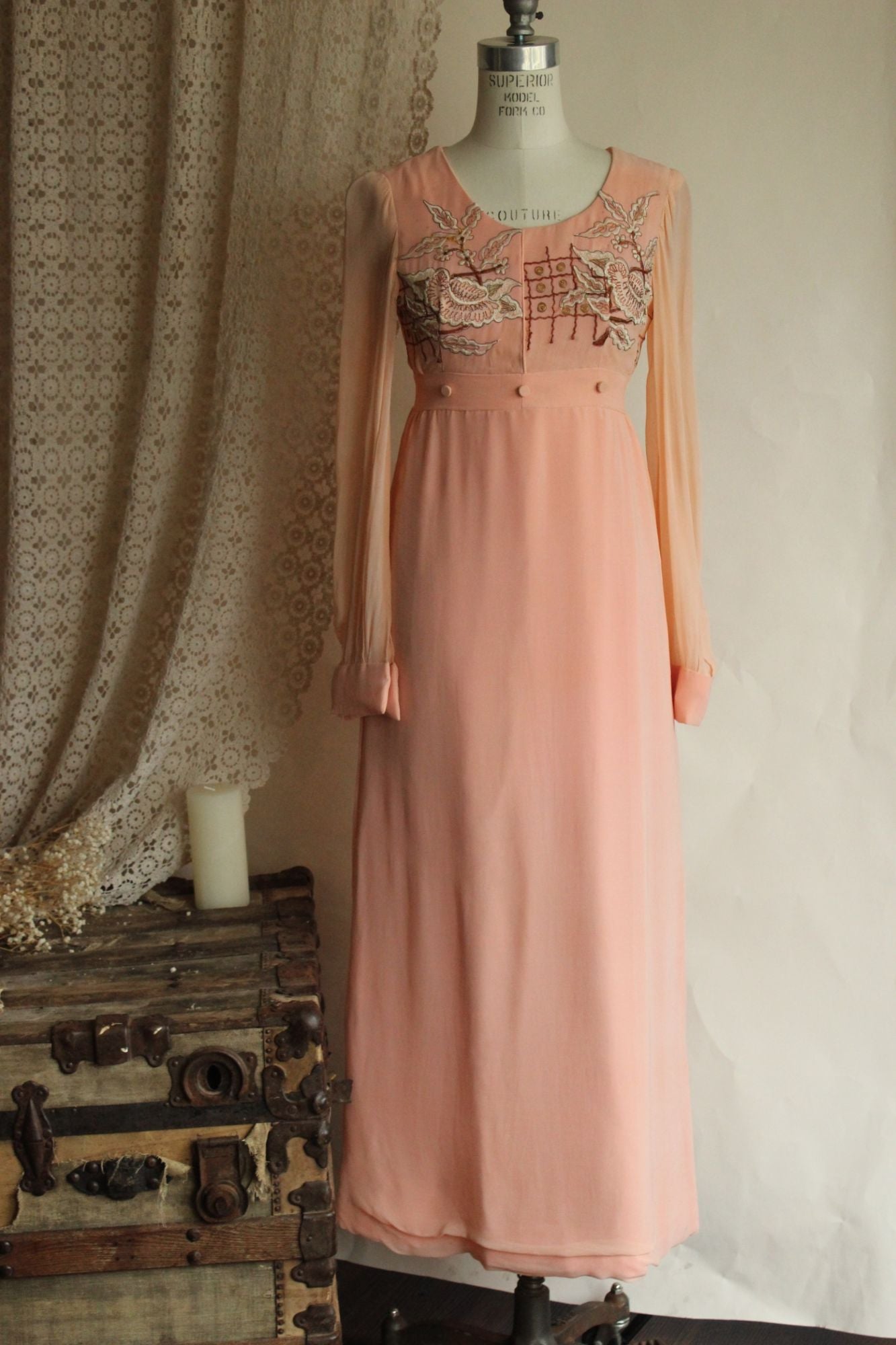 Vintage 1960s Dress, Peach Maxidress with Asian Inspired Embroidery, Sheer Chiffon Sleeves