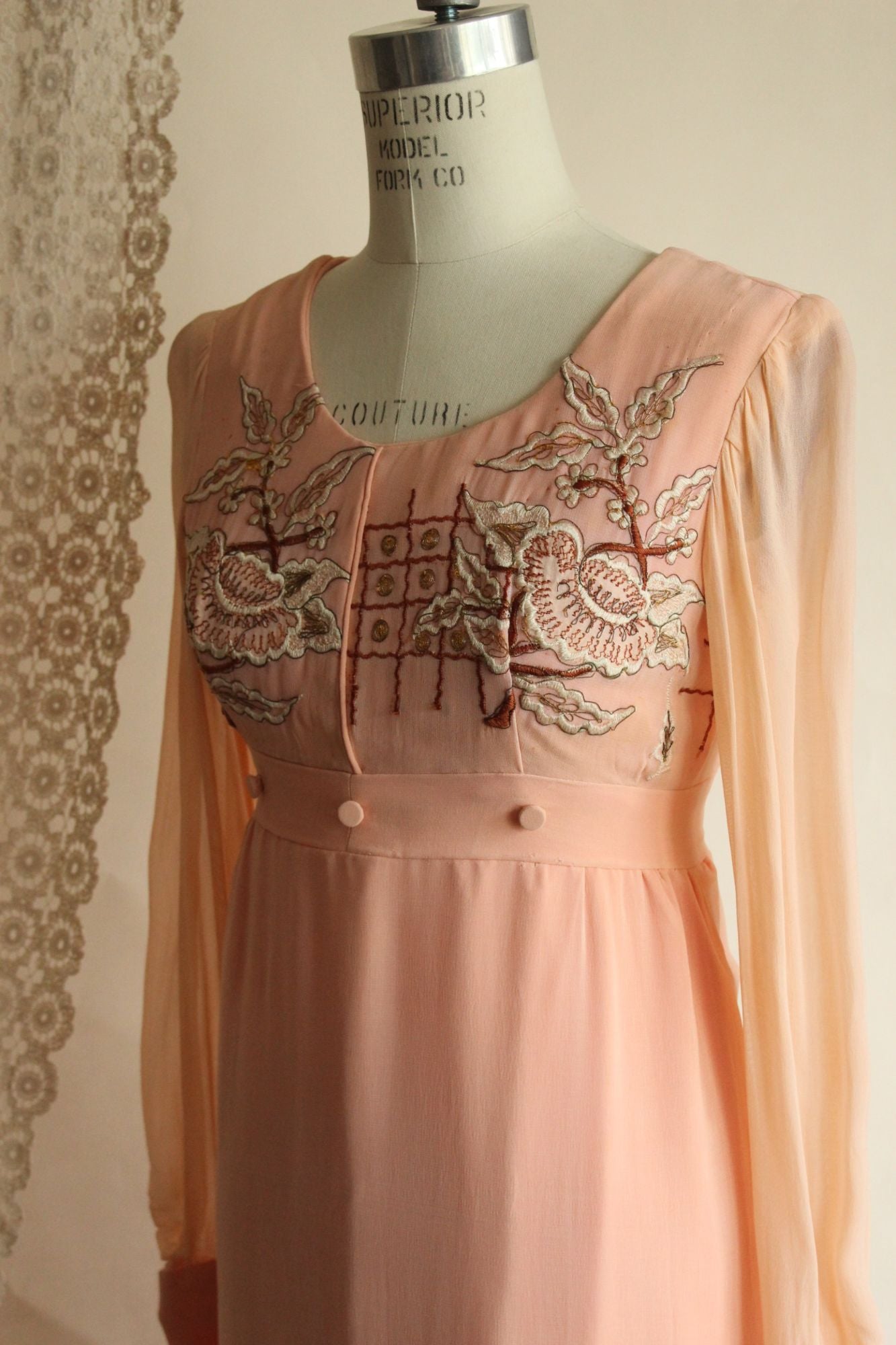 Vintage 1960s Dress, Peach Maxidress with Asian Inspired Embroidery, Sheer Chiffon Sleeves