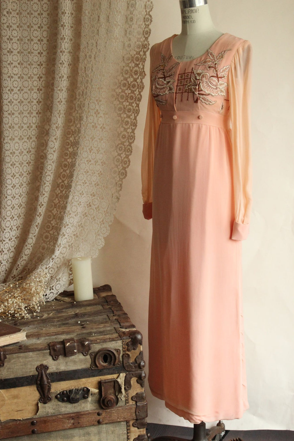 Vintage 1960s Dress, Peach Maxidress with Asian Inspired Embroidery, Sheer Chiffon Sleeves