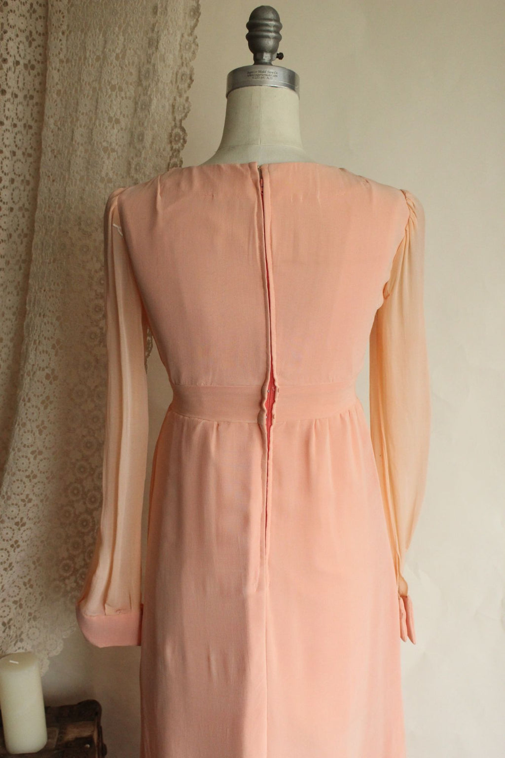 Vintage 1960s Dress, Peach Maxidress with Asian Inspired Embroidery, Sheer Chiffon Sleeves