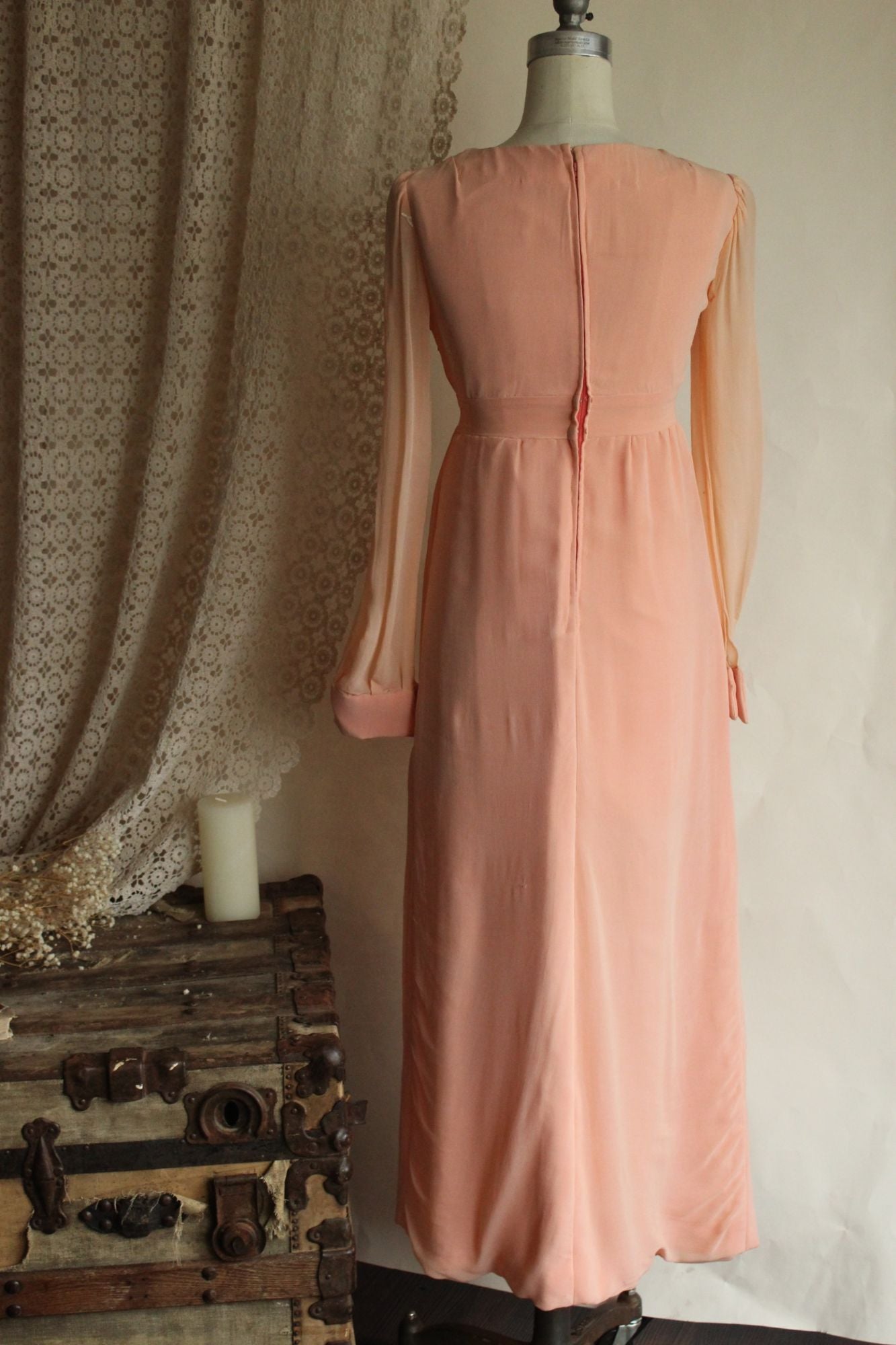 Vintage 1960s Dress, Peach Maxidress with Asian Inspired Embroidery, Sheer Chiffon Sleeves
