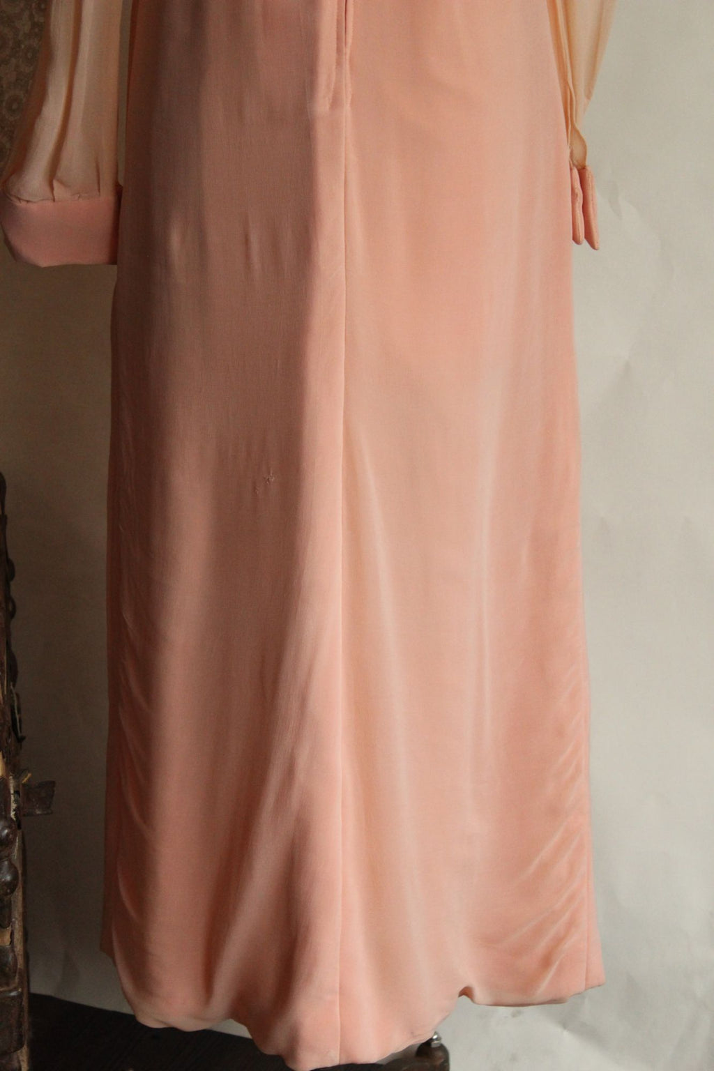 Vintage 1960s Dress, Peach Maxidress with Asian Inspired Embroidery, Sheer Chiffon Sleeves