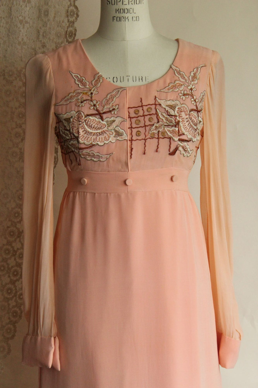 Vintage 1960s Dress, Peach Maxidress with Asian Inspired Embroidery, Sheer Chiffon Sleeves