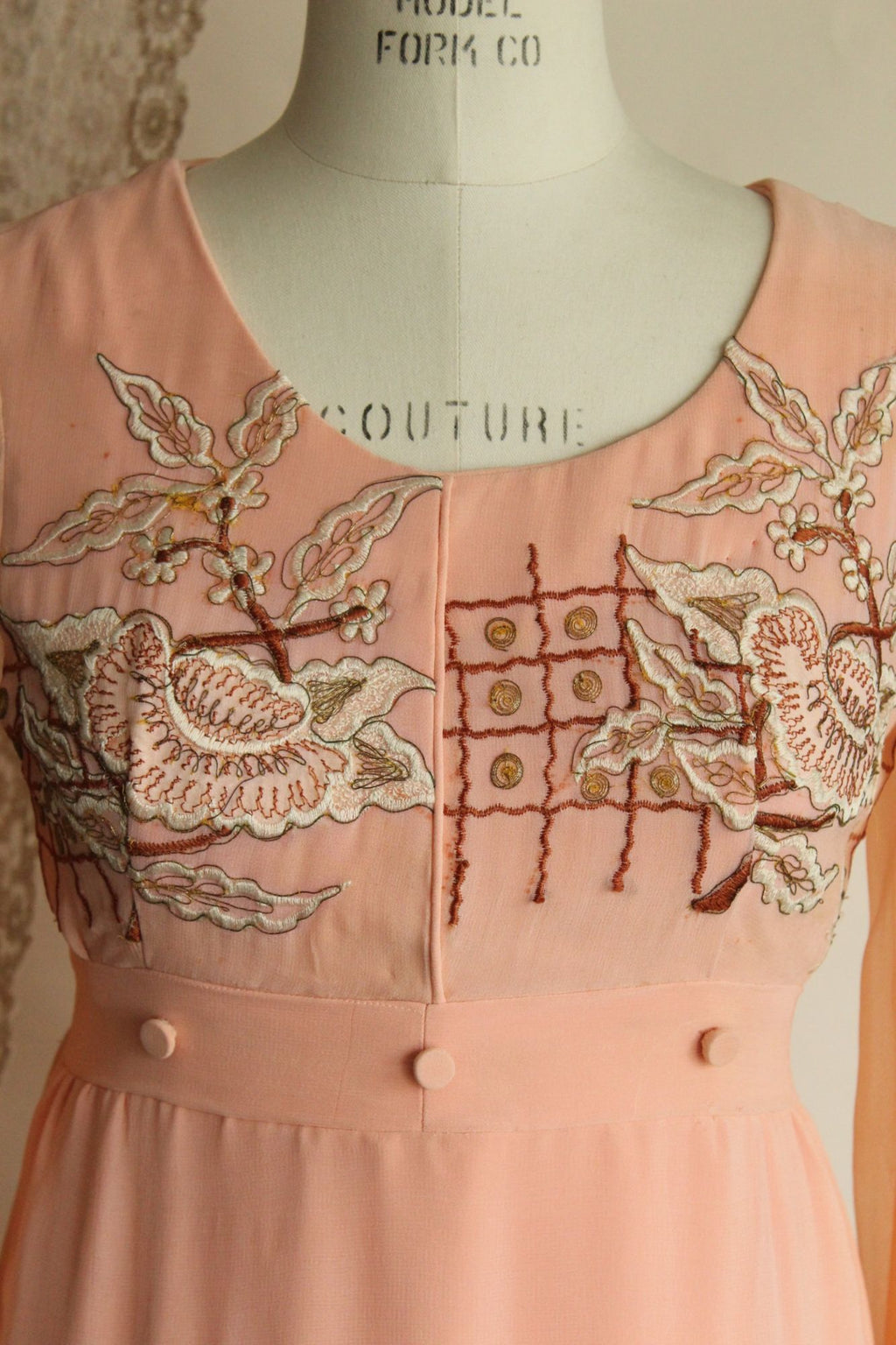 Vintage 1960s Dress, Peach Maxidress with Asian Inspired Embroidery, Sheer Chiffon Sleeves