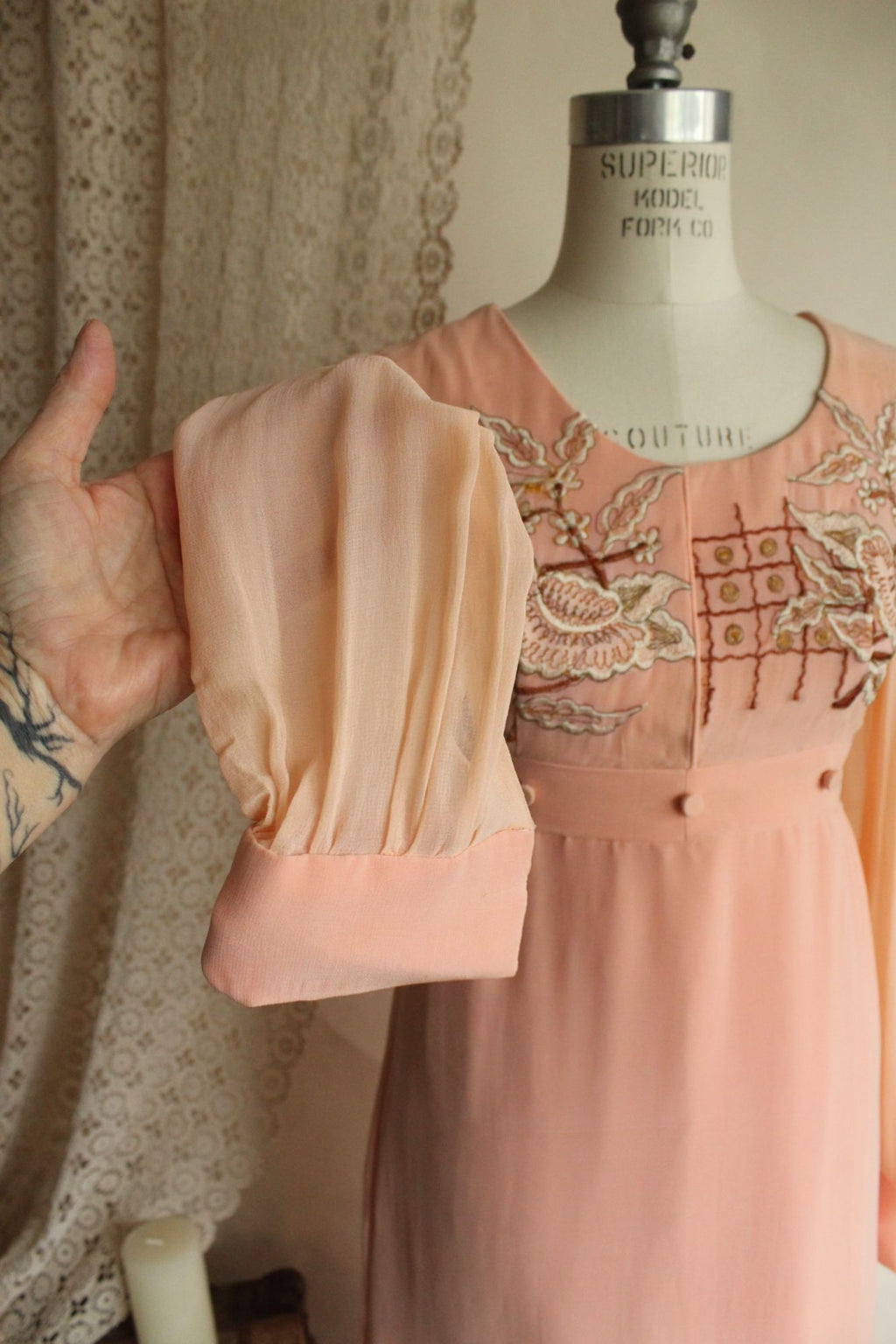 Vintage 1960s Dress, Peach Maxidress with Asian Inspired Embroidery, Sheer Chiffon Sleeves