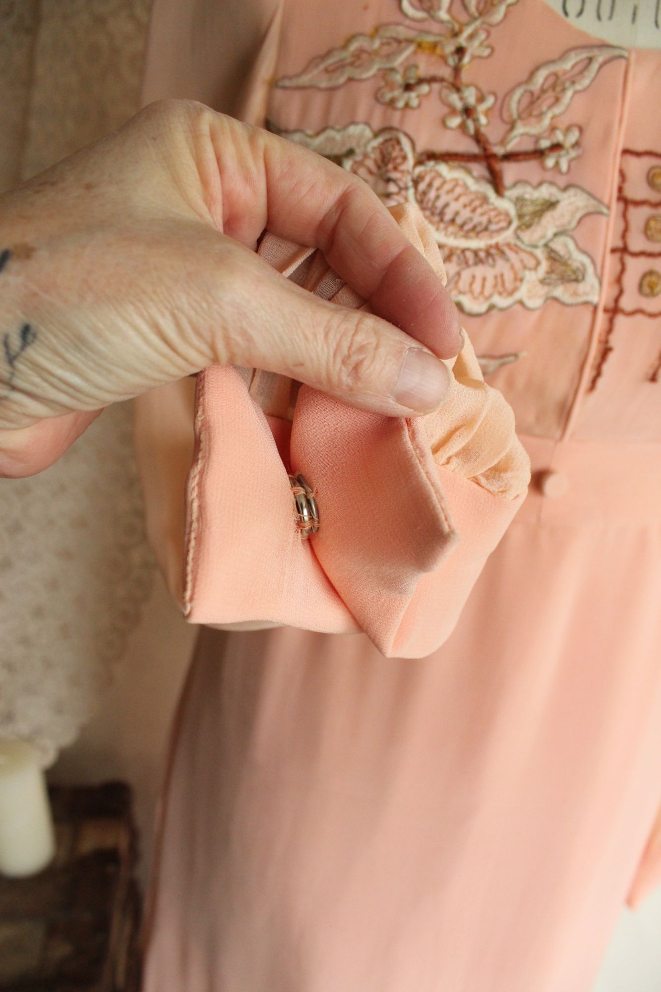 Vintage 1960s Dress, Peach Maxidress with Asian Inspired Embroidery, Sheer Chiffon Sleeves