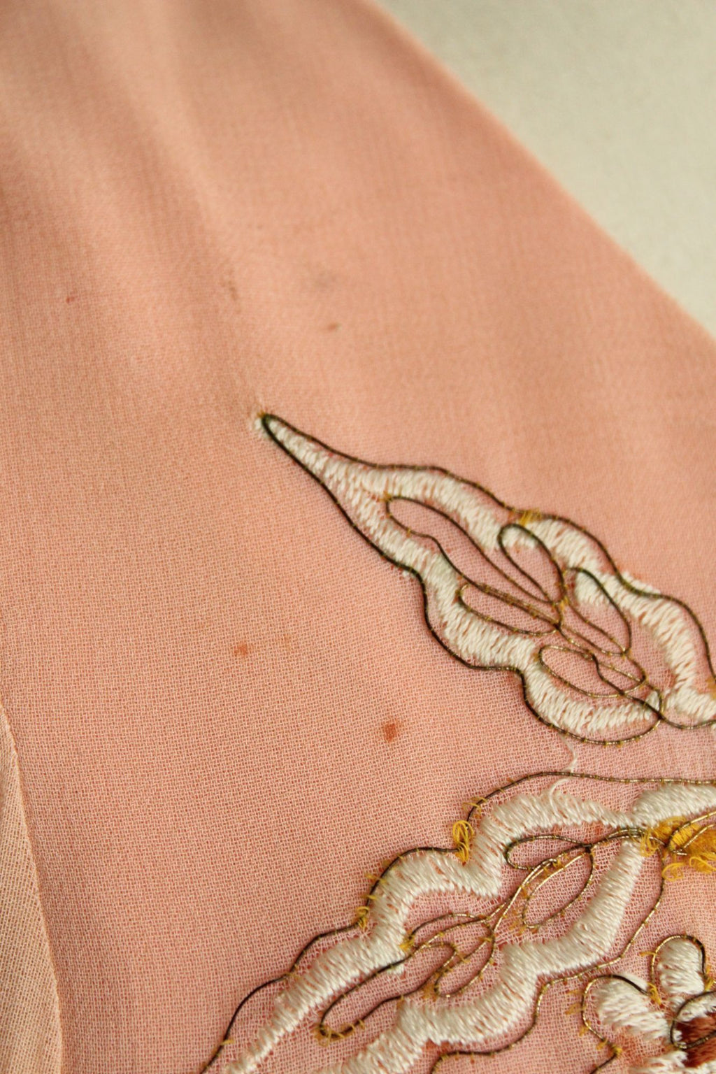 Vintage 1960s Dress, Peach Maxidress with Asian Inspired Embroidery, Sheer Chiffon Sleeves