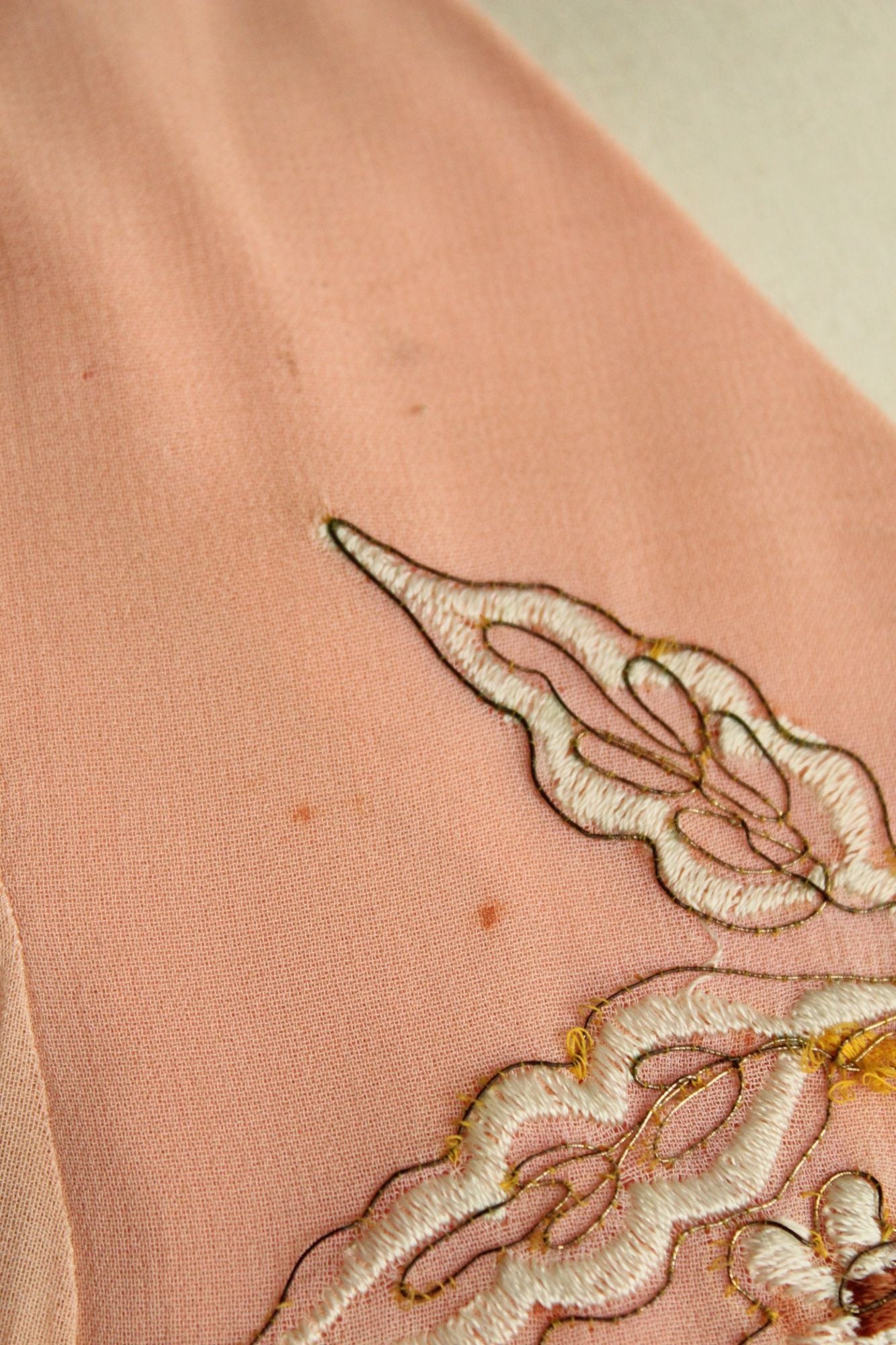 Vintage 1960s Dress, Peach Maxidress with Asian Inspired Embroidery, Sheer Chiffon Sleeves