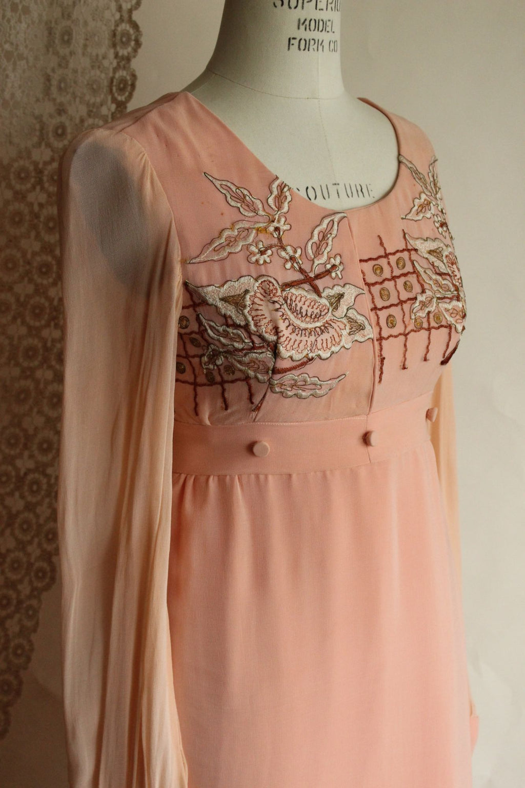 Vintage 1960s Dress, Peach Maxidress with Asian Inspired Embroidery, Sheer Chiffon Sleeves