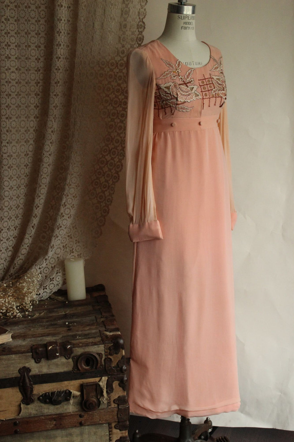 Vintage 1960s Dress, Peach Maxidress with Asian Inspired Embroidery, Sheer Chiffon Sleeves