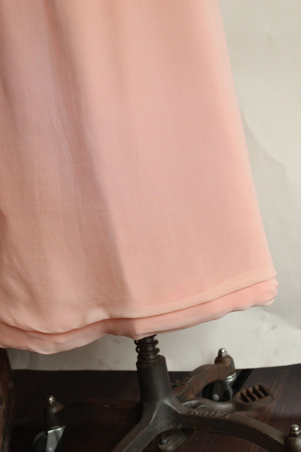 Vintage 1960s Dress, Peach Maxidress with Asian Inspired Embroidery, Sheer Chiffon Sleeves